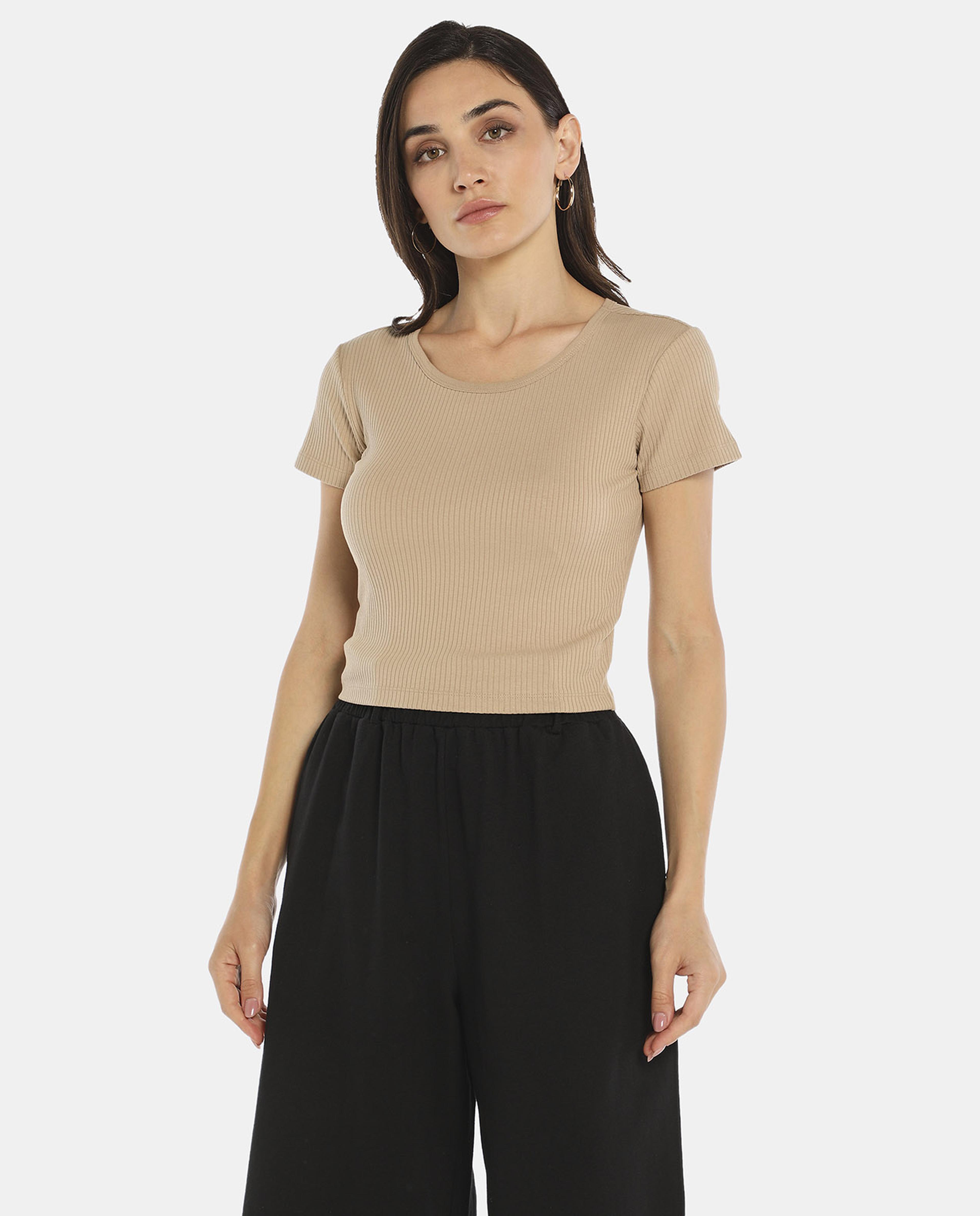 Beige Solid Regular Fit Top