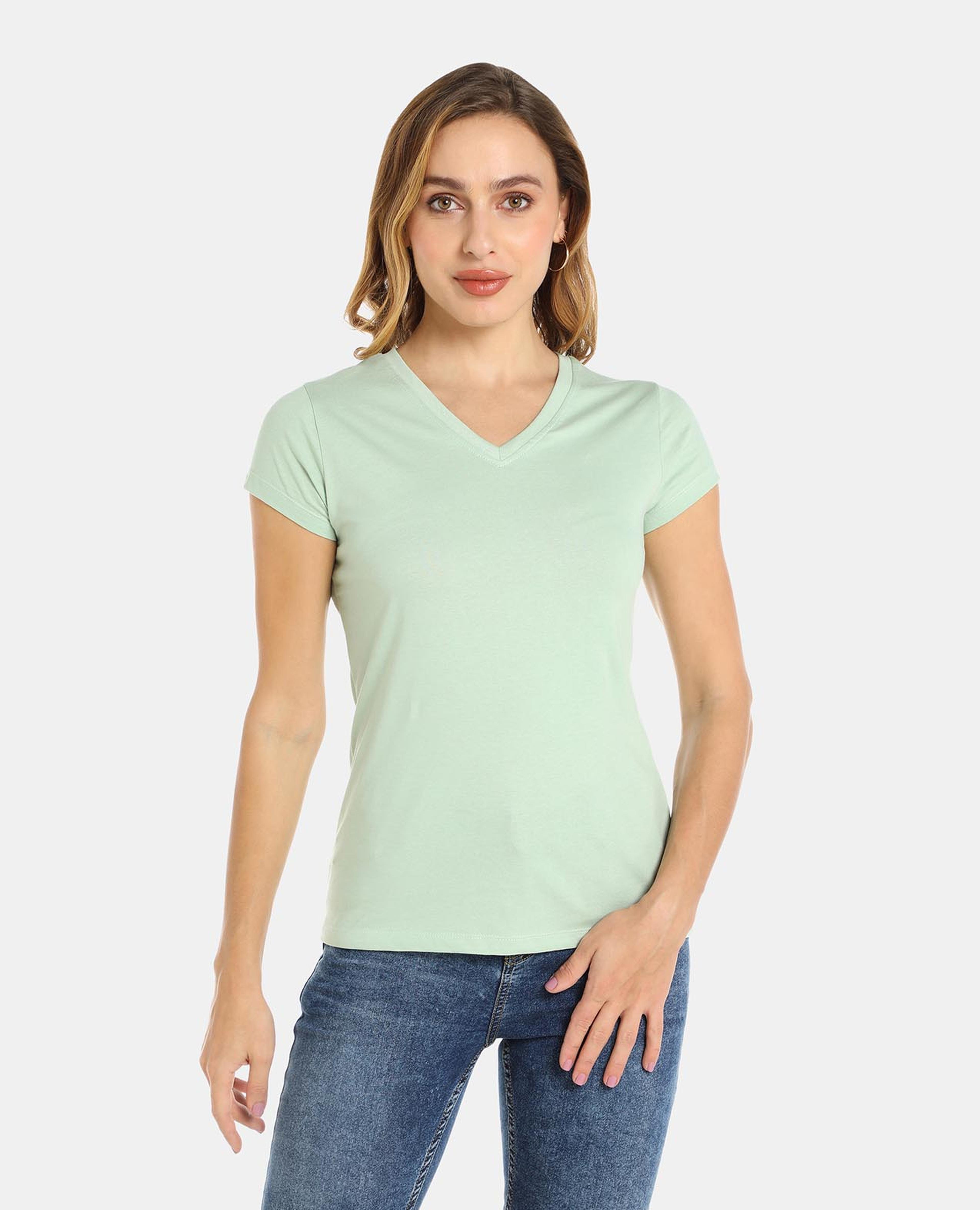 Green V Neck Solid Tee