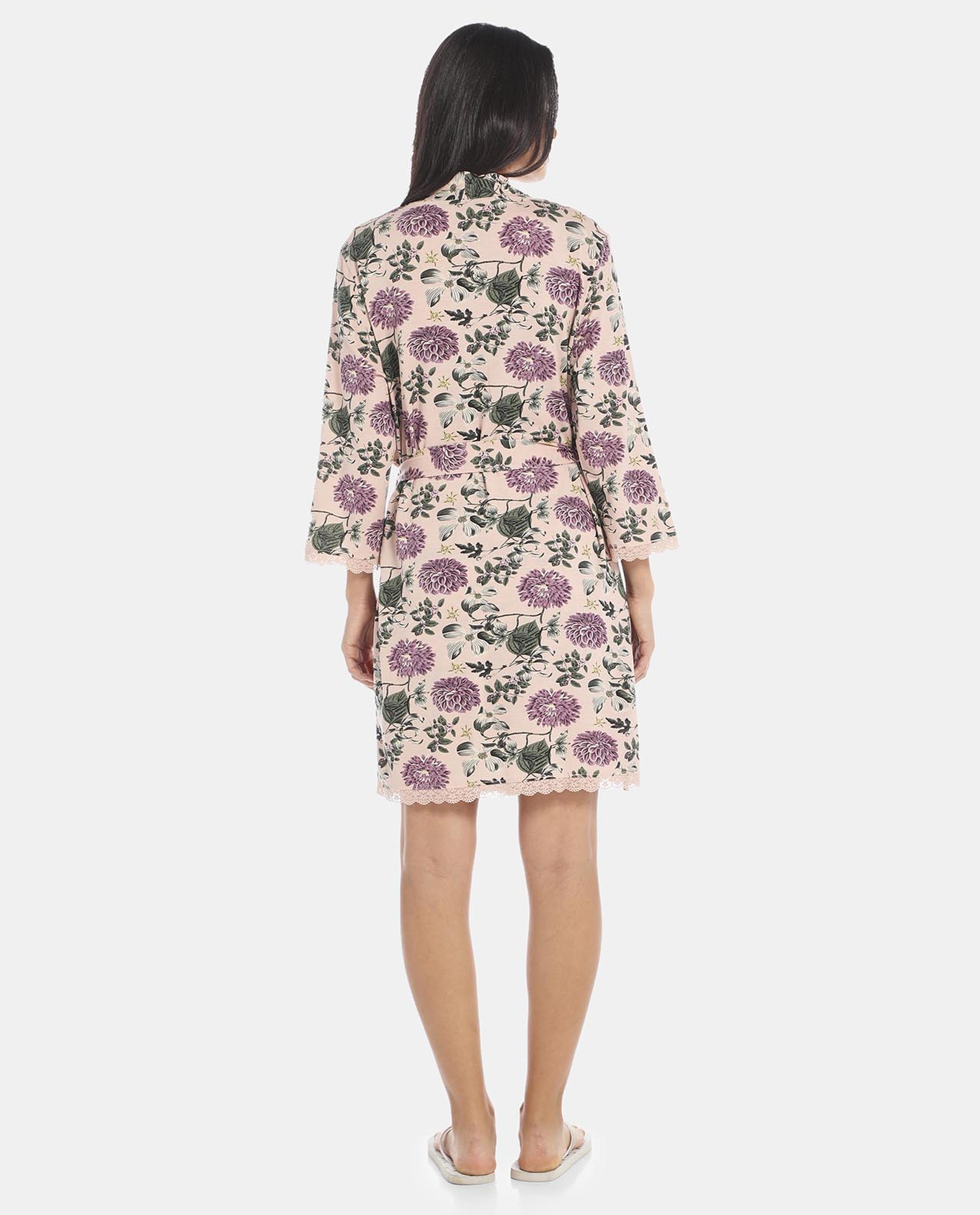 Nude Floral Print Short Robe