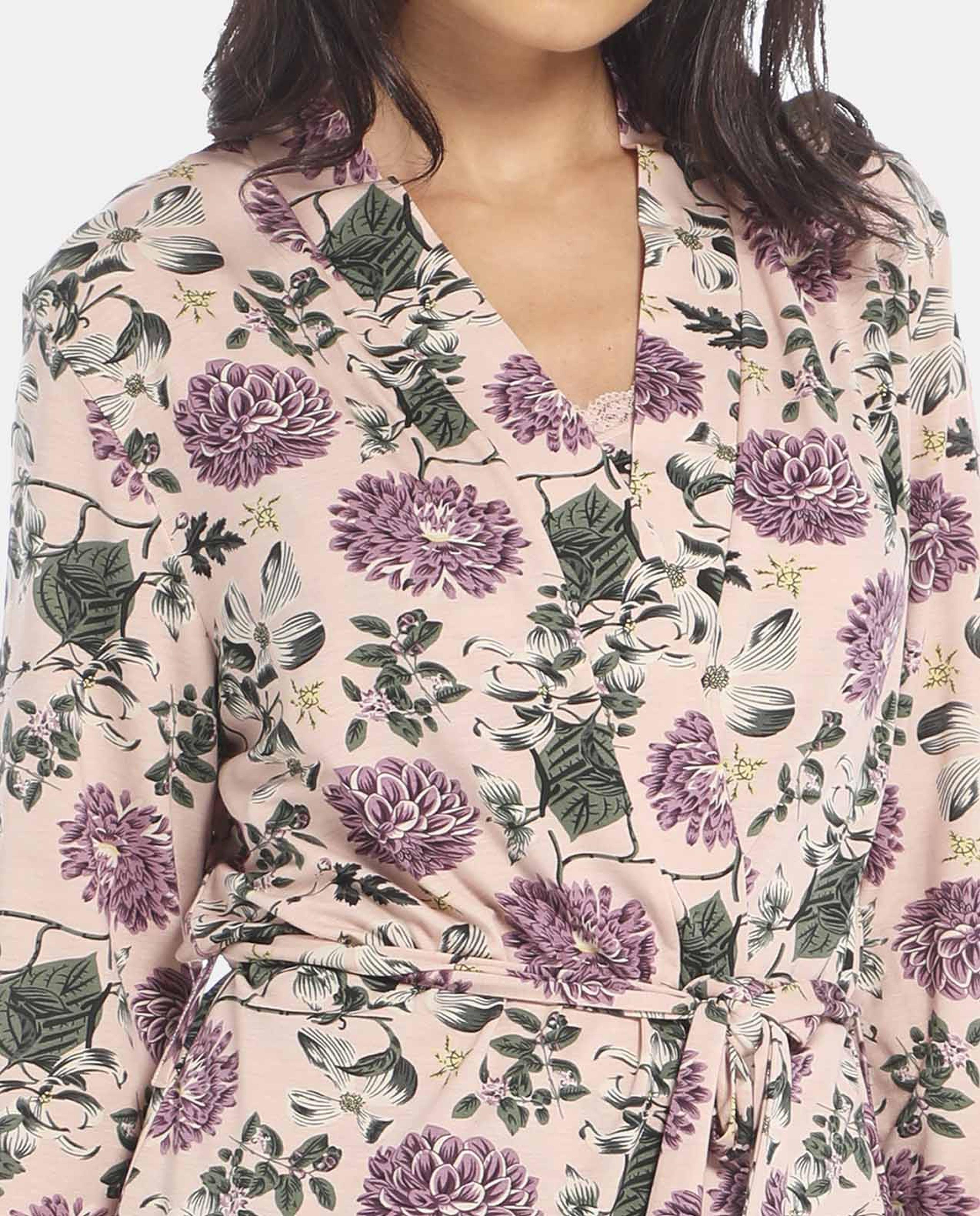 Nude Floral Print Short Robe