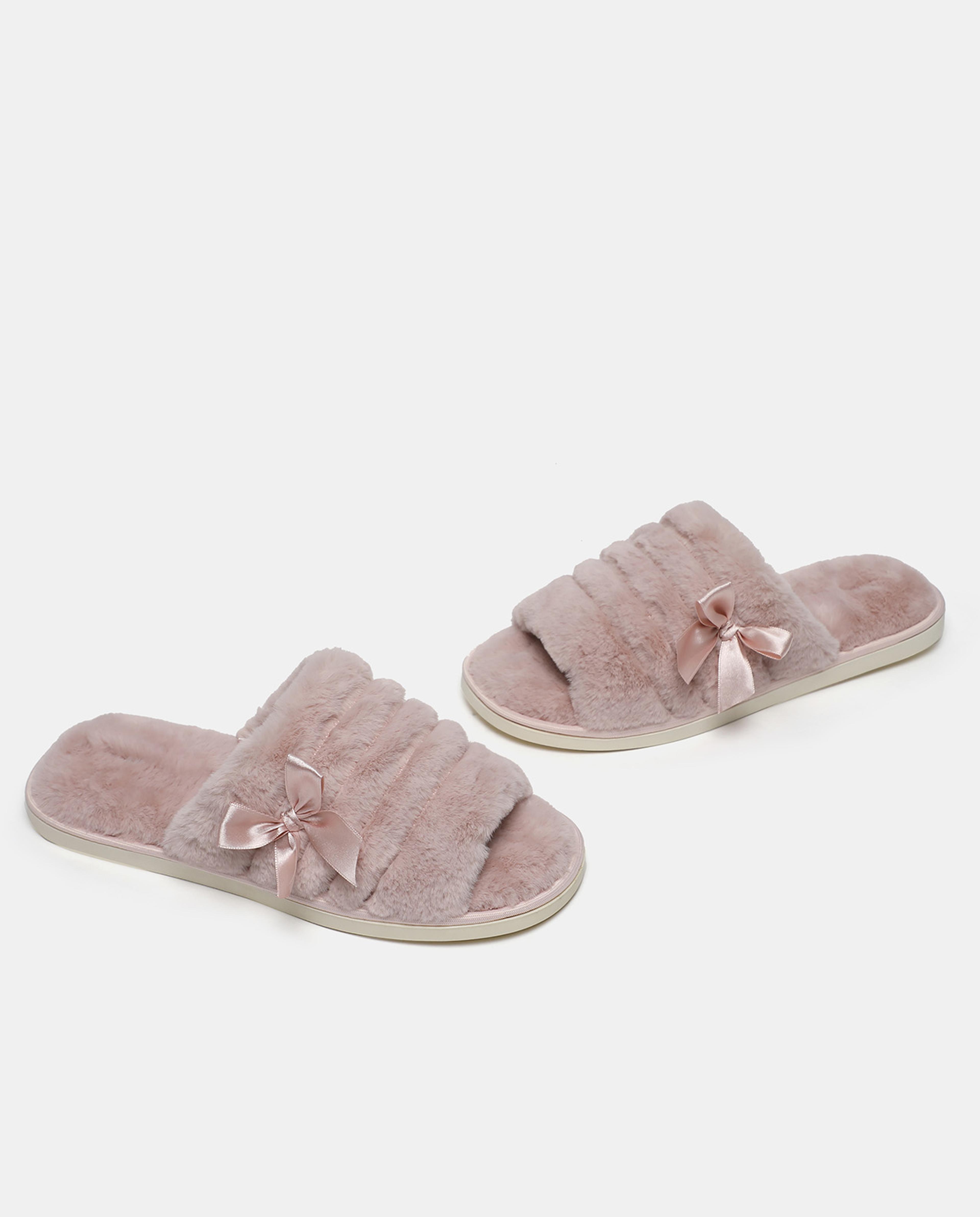 Pink Solid Fur Bow Bedroom Slippers