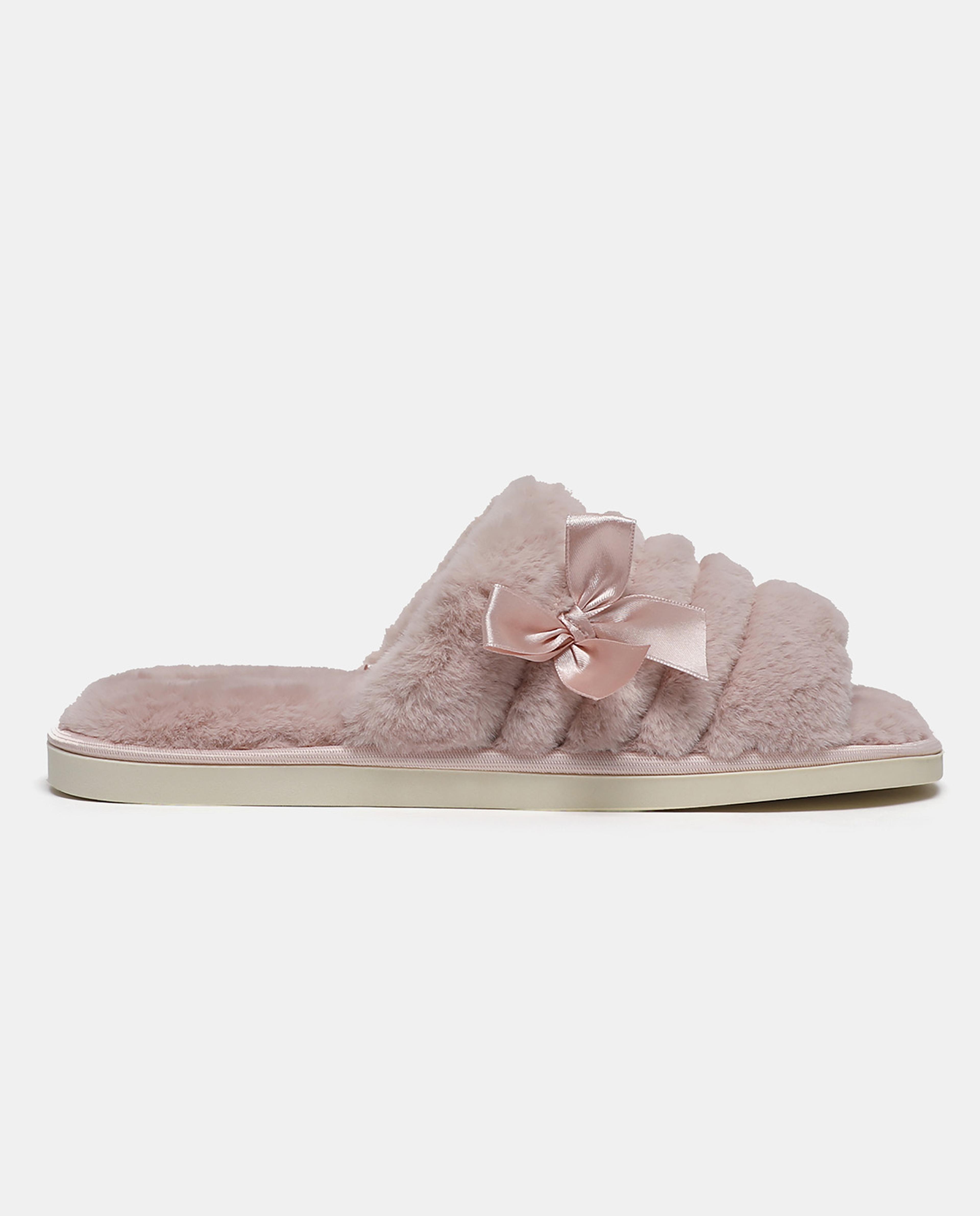Pink Solid Fur Bow Bedroom Slippers