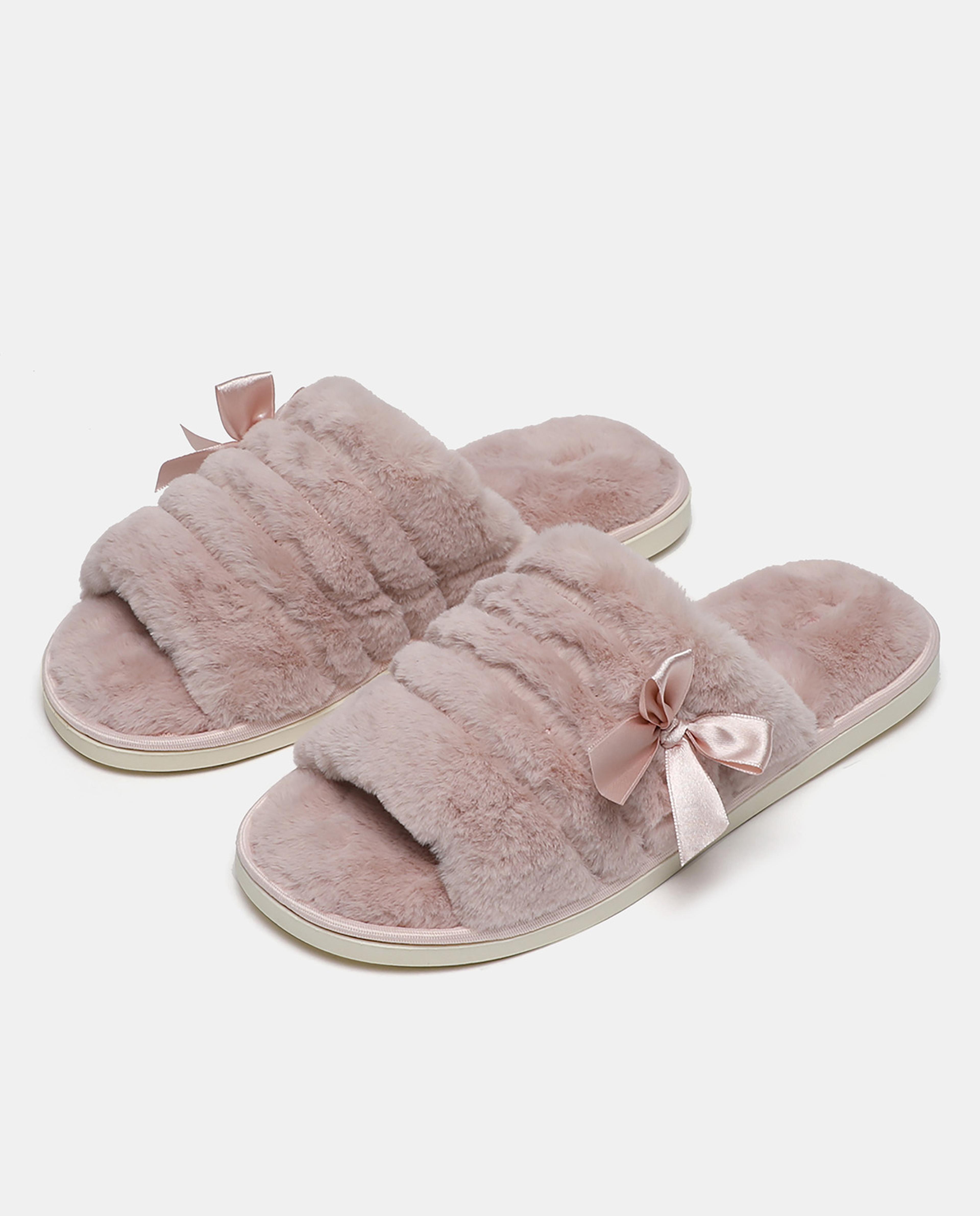 Pink Solid Fur Bow Bedroom Slippers