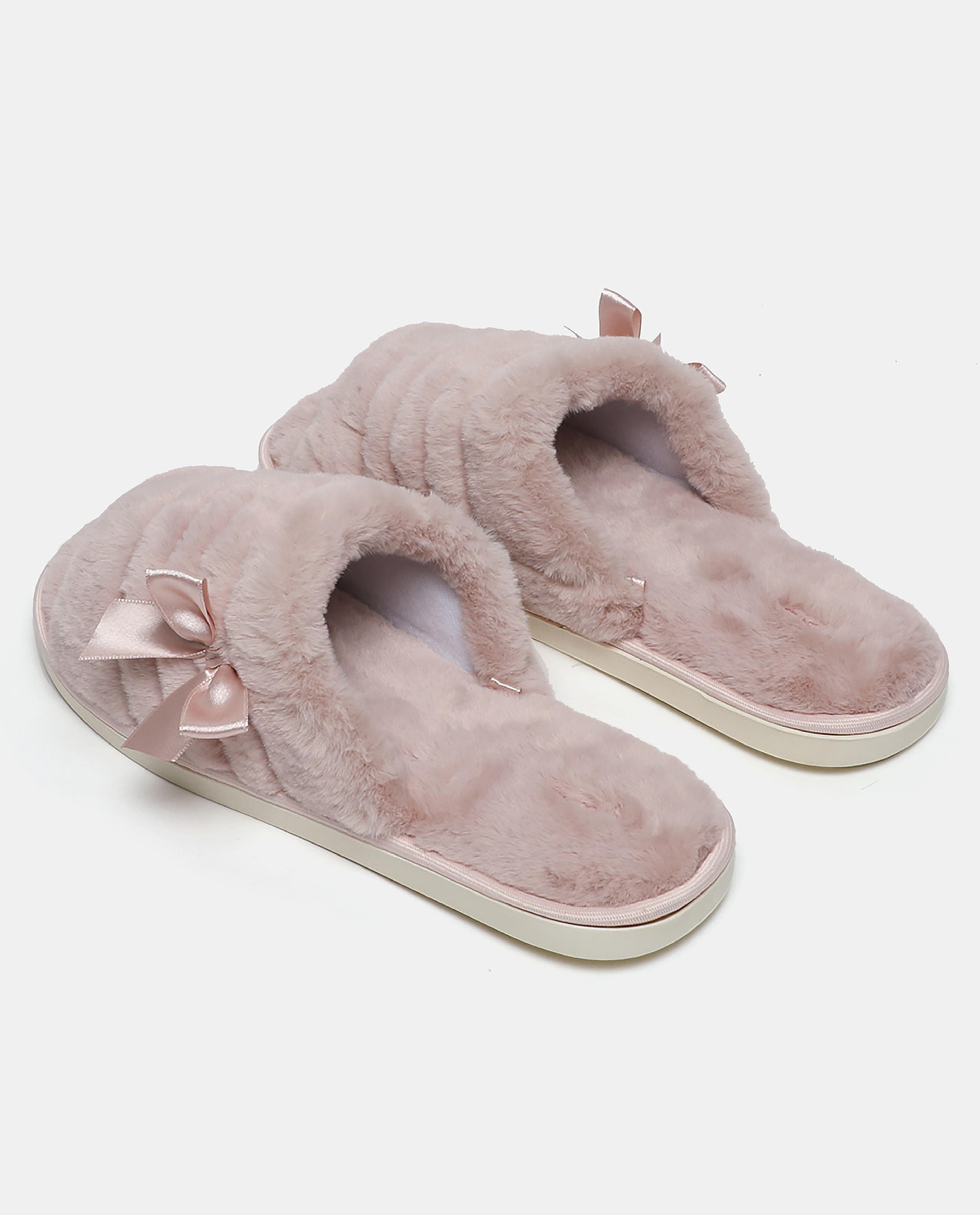 Pink Solid Fur Bow Bedroom Slippers