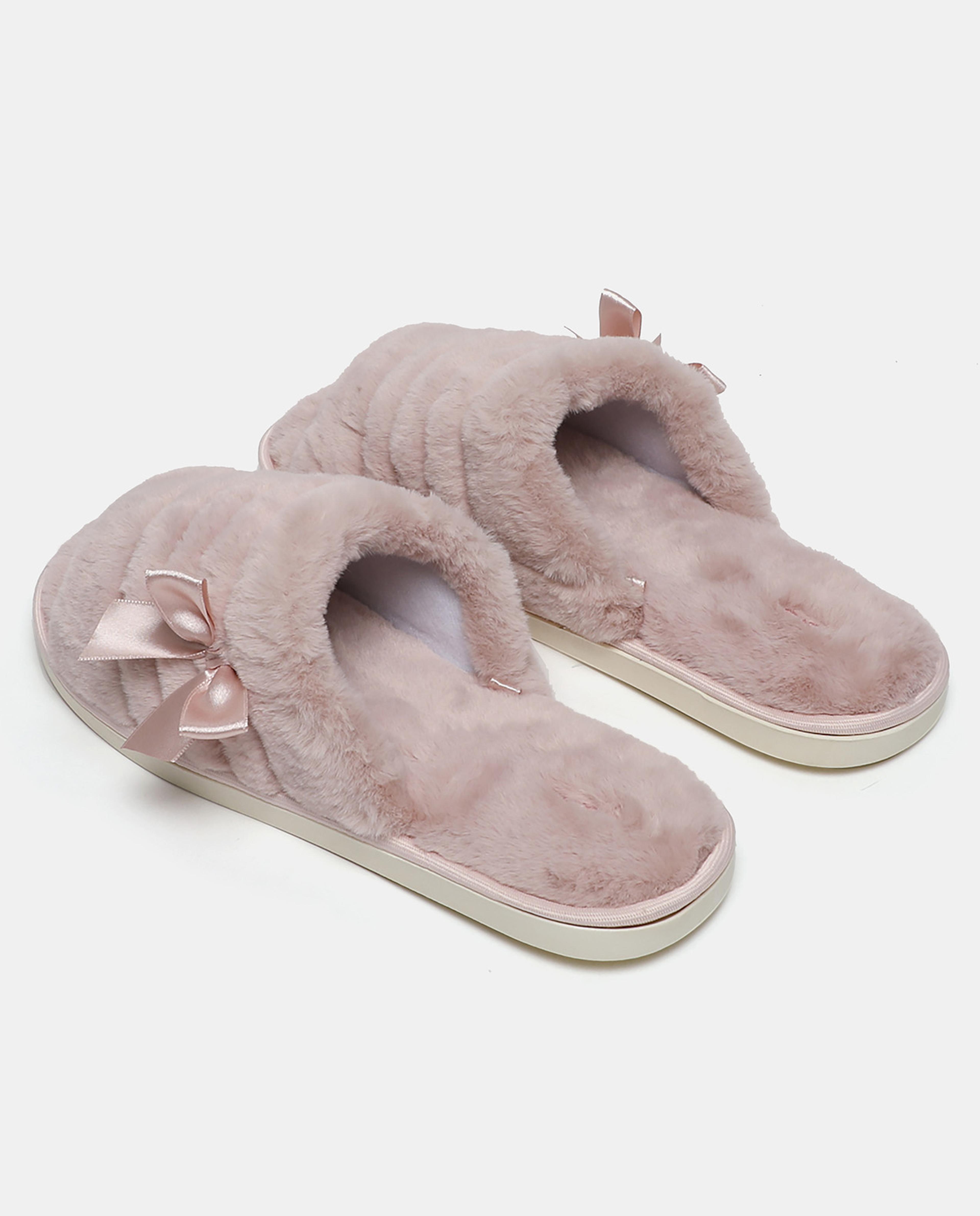 Pink Solid Fur Bow Bedroom Slippers