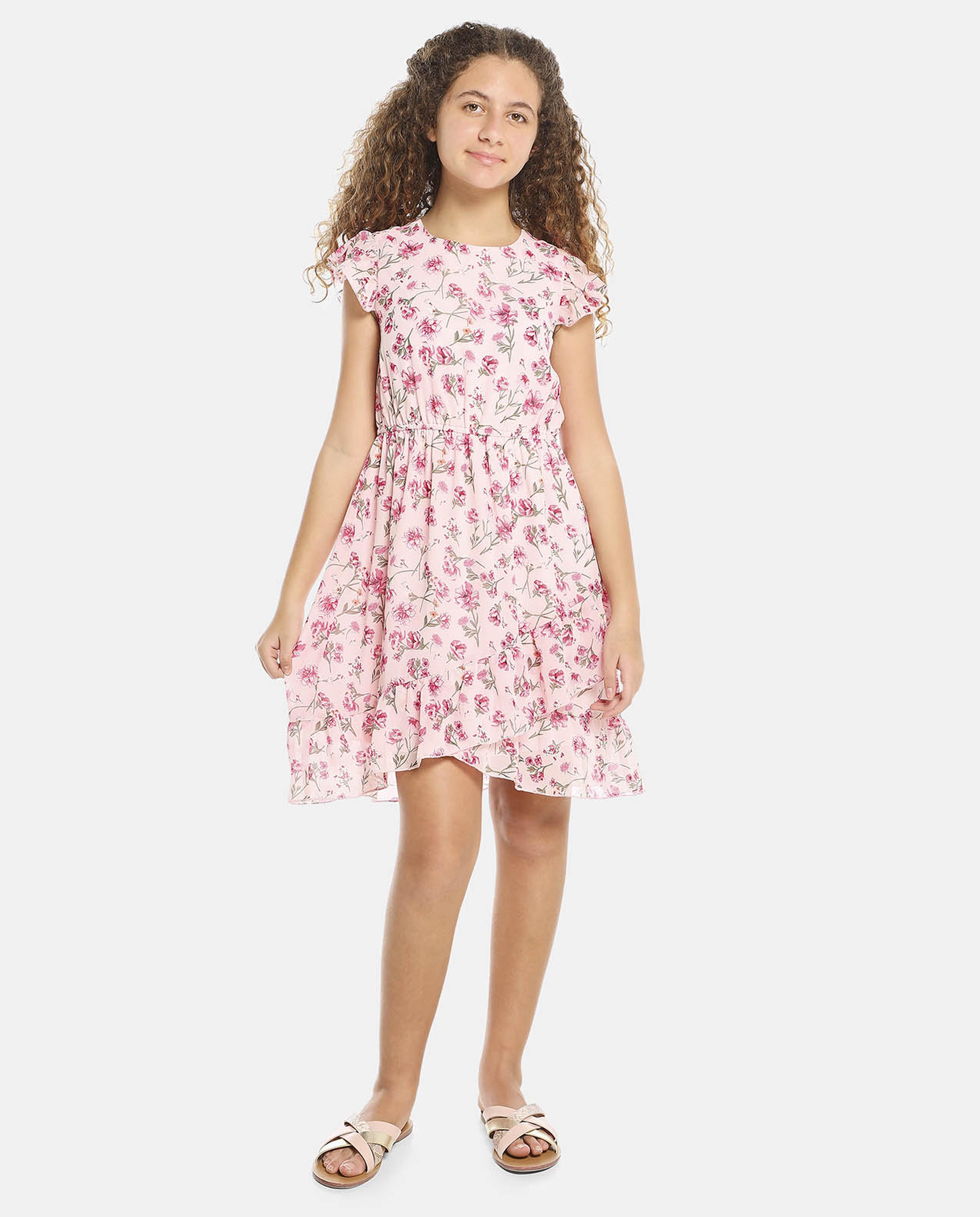 R&B Pink All Over Printed Ankle Length Dress