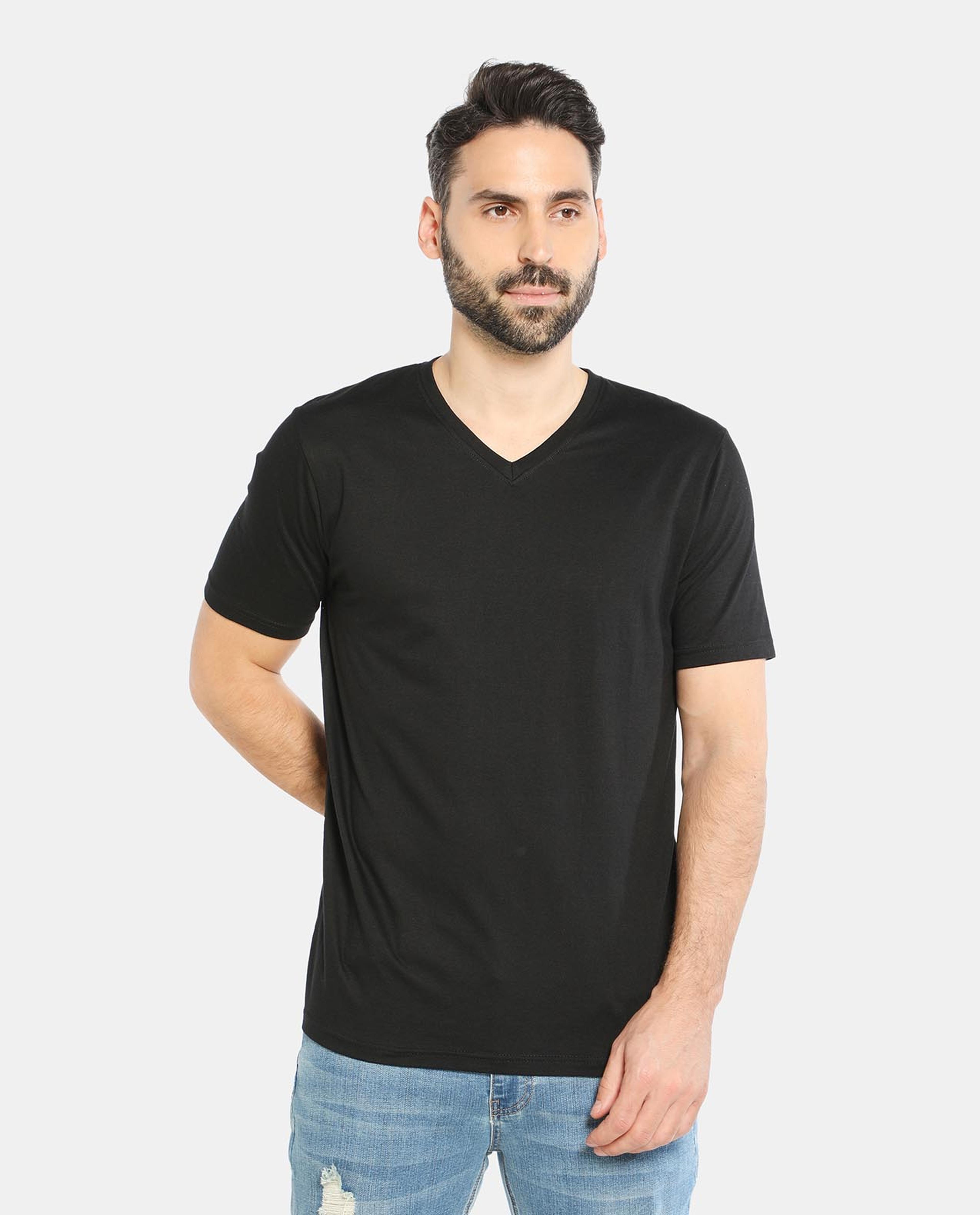 Black Cotton V-Neck Tees