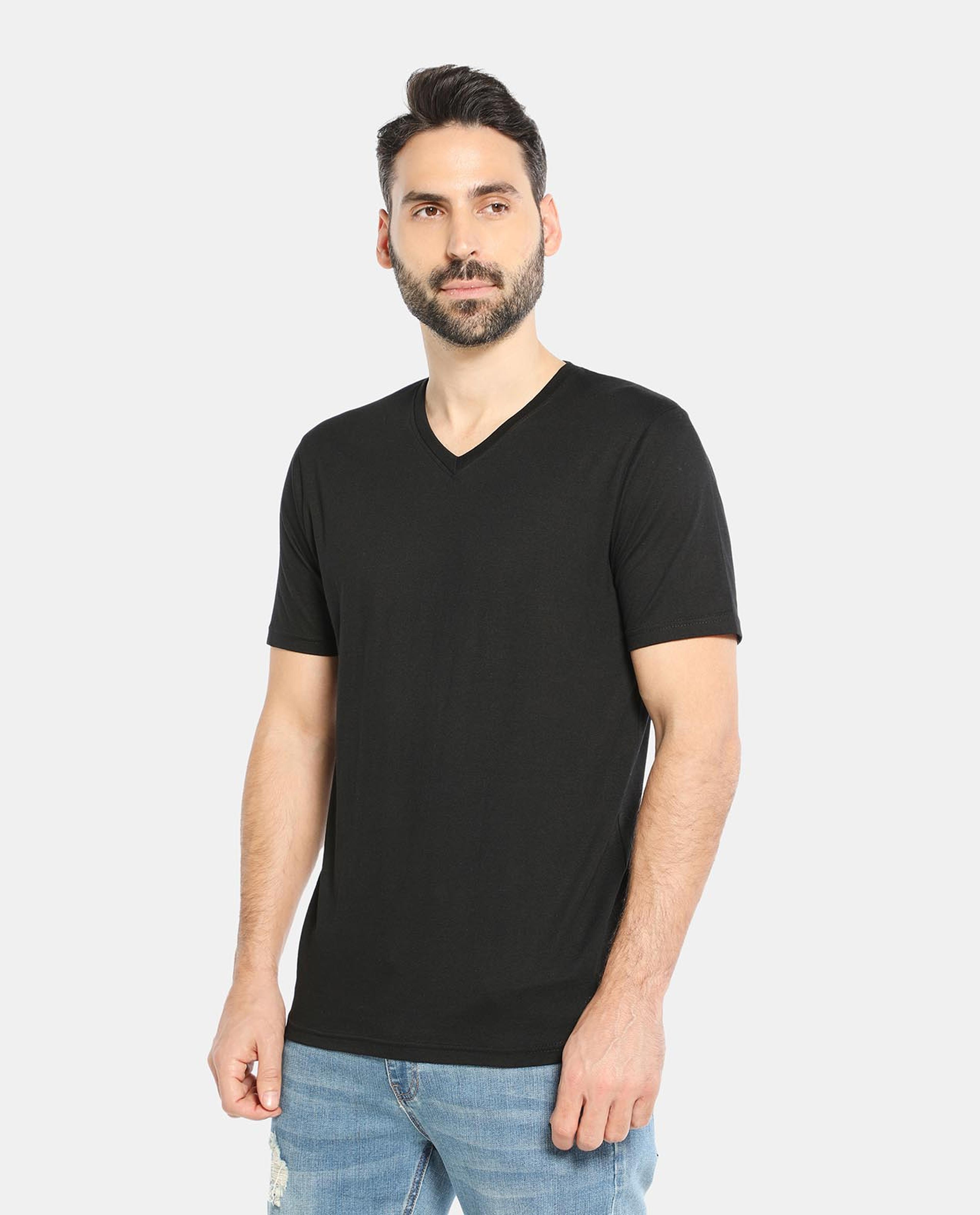 Black Cotton V-Neck Tees