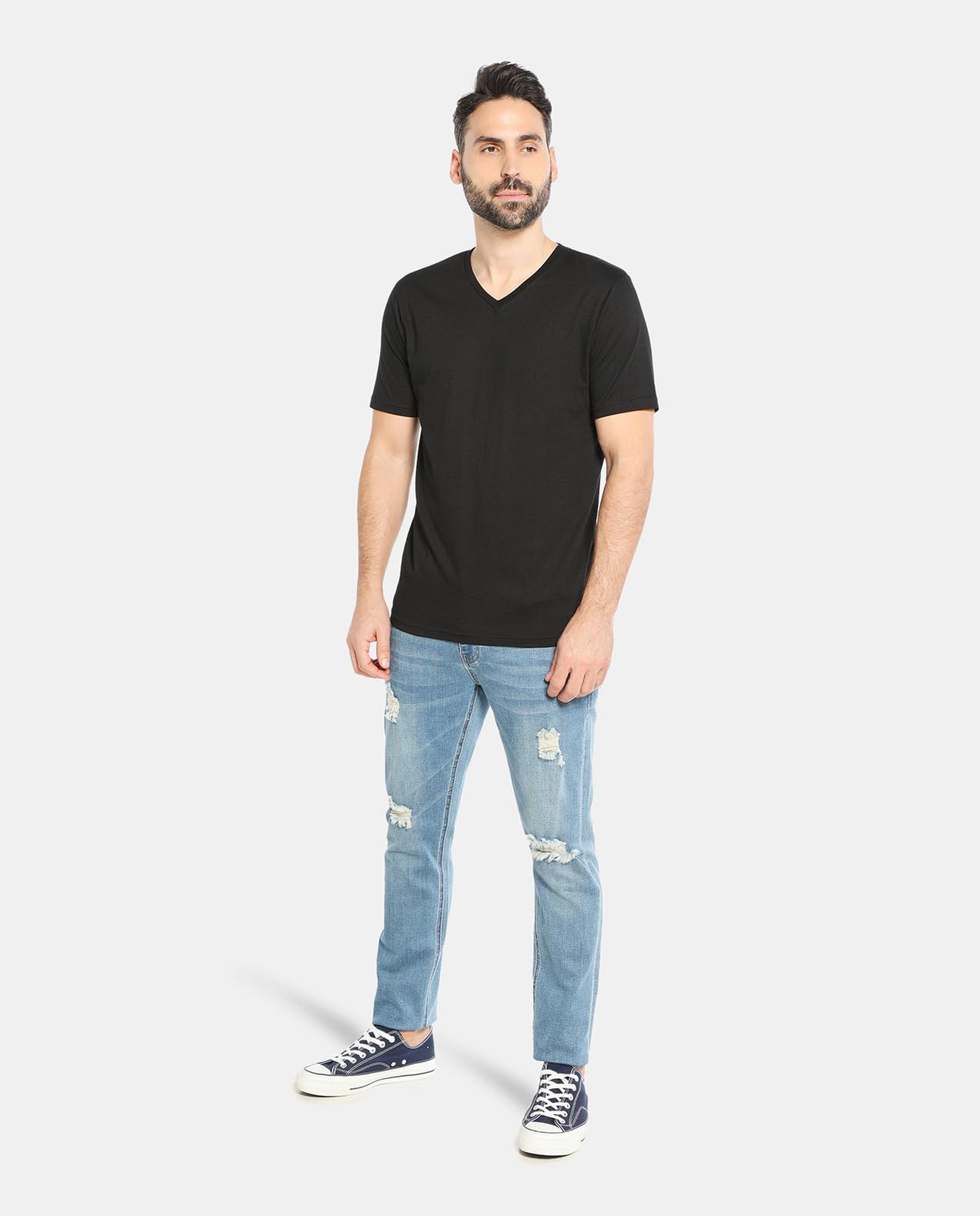 Black Cotton V-Neck Tees