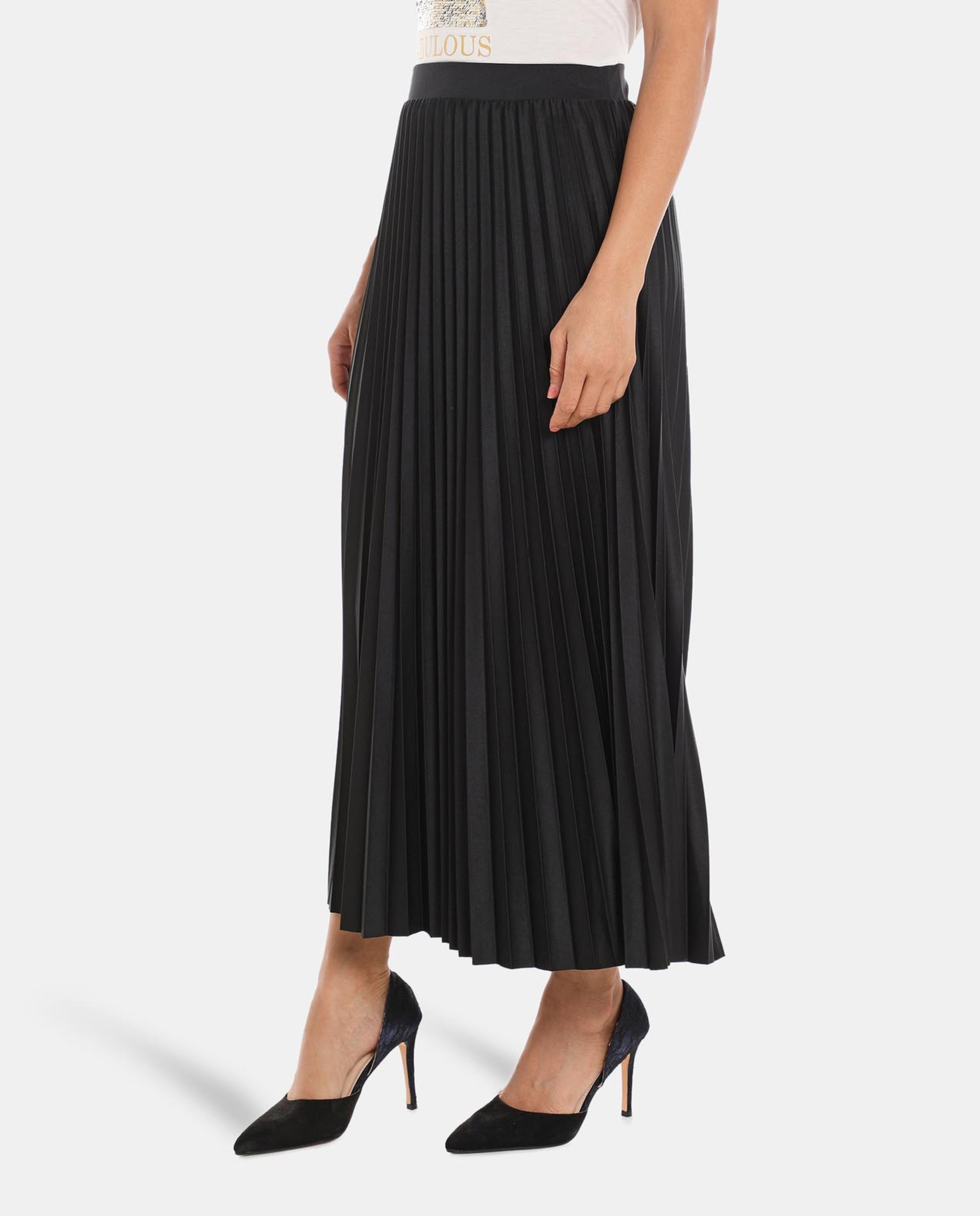 Black Polyester Pleated Skirt