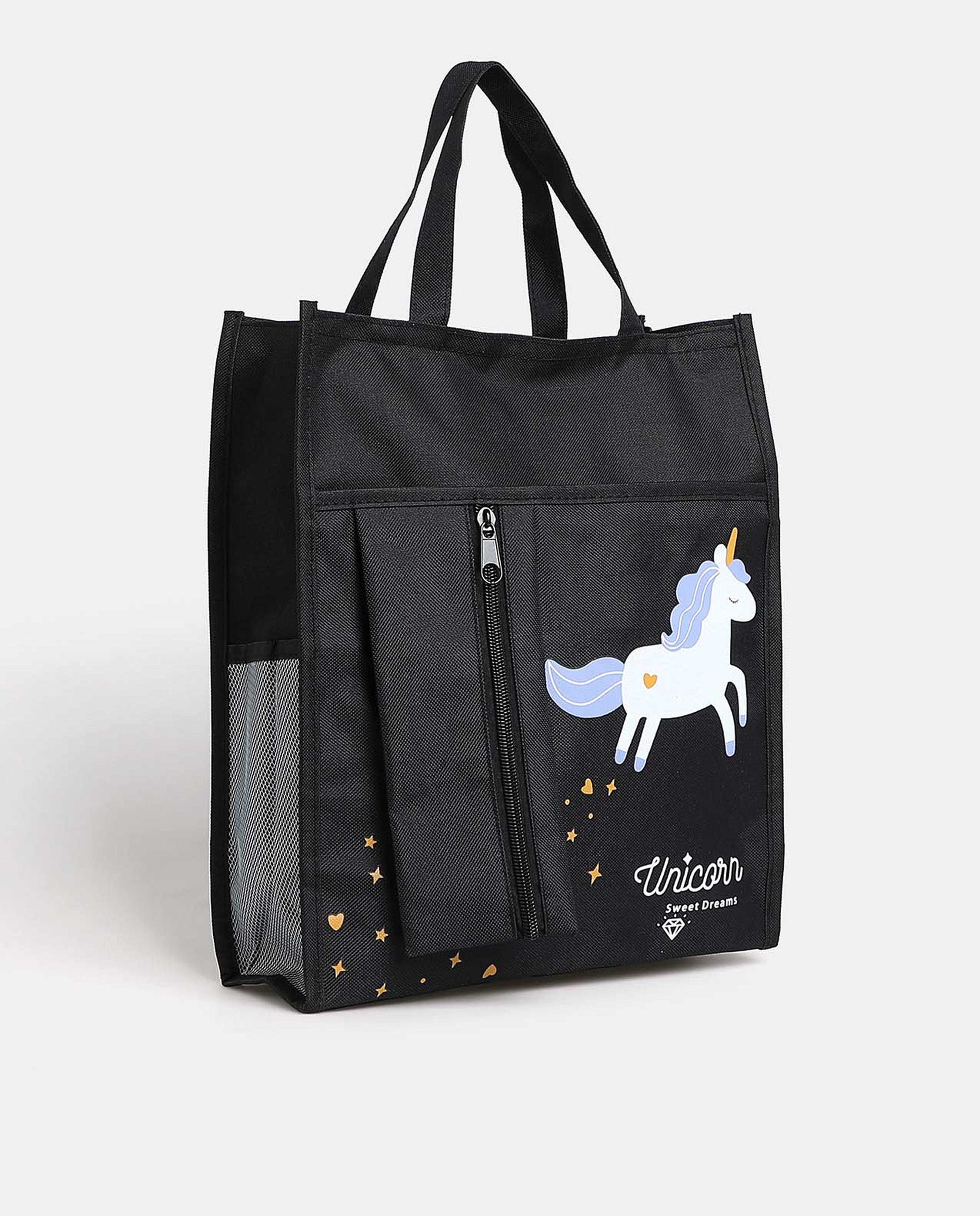 R&B Black Unicorn Printed Handheld Bag