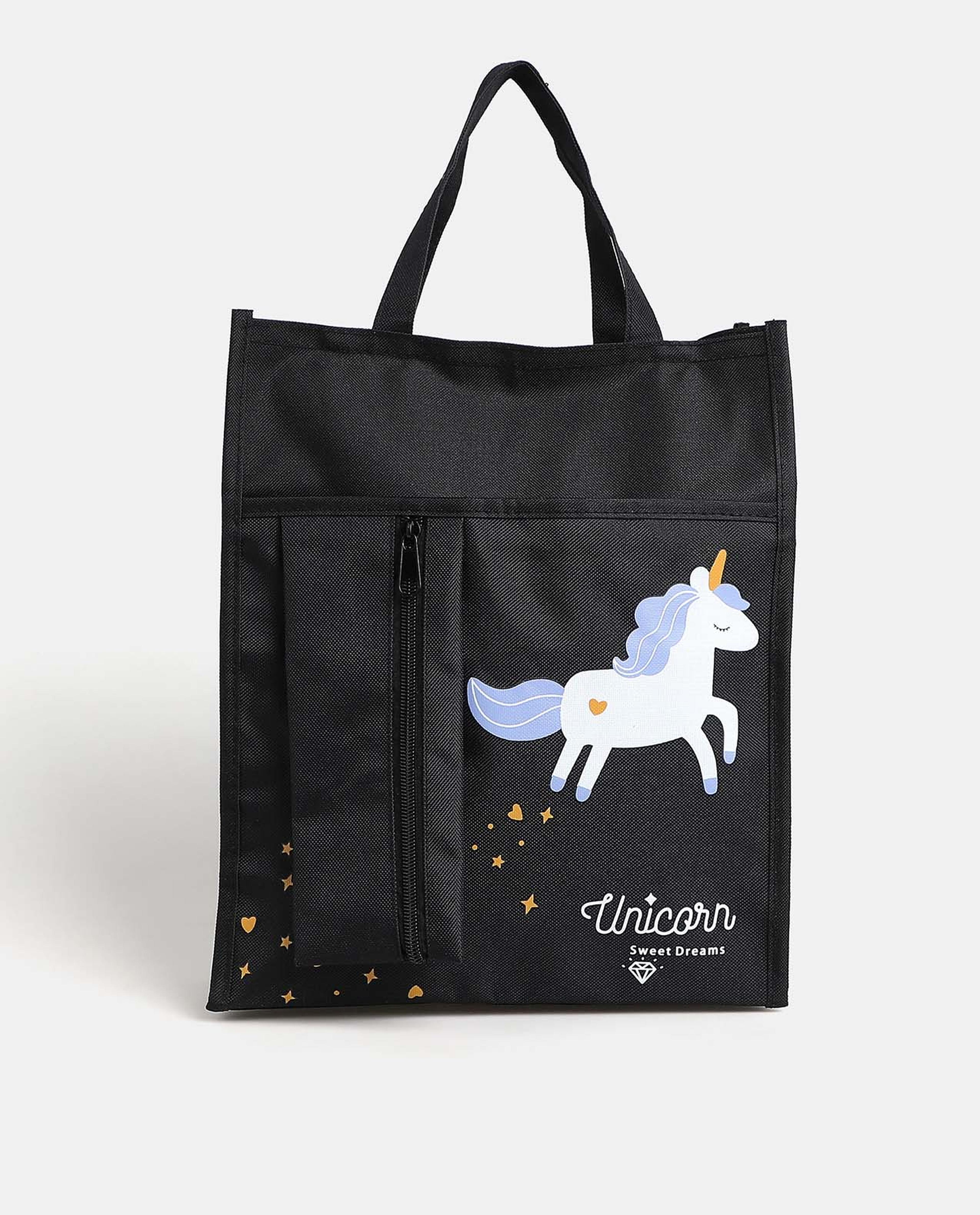 R&B Black Unicorn Printed Handheld Bag
