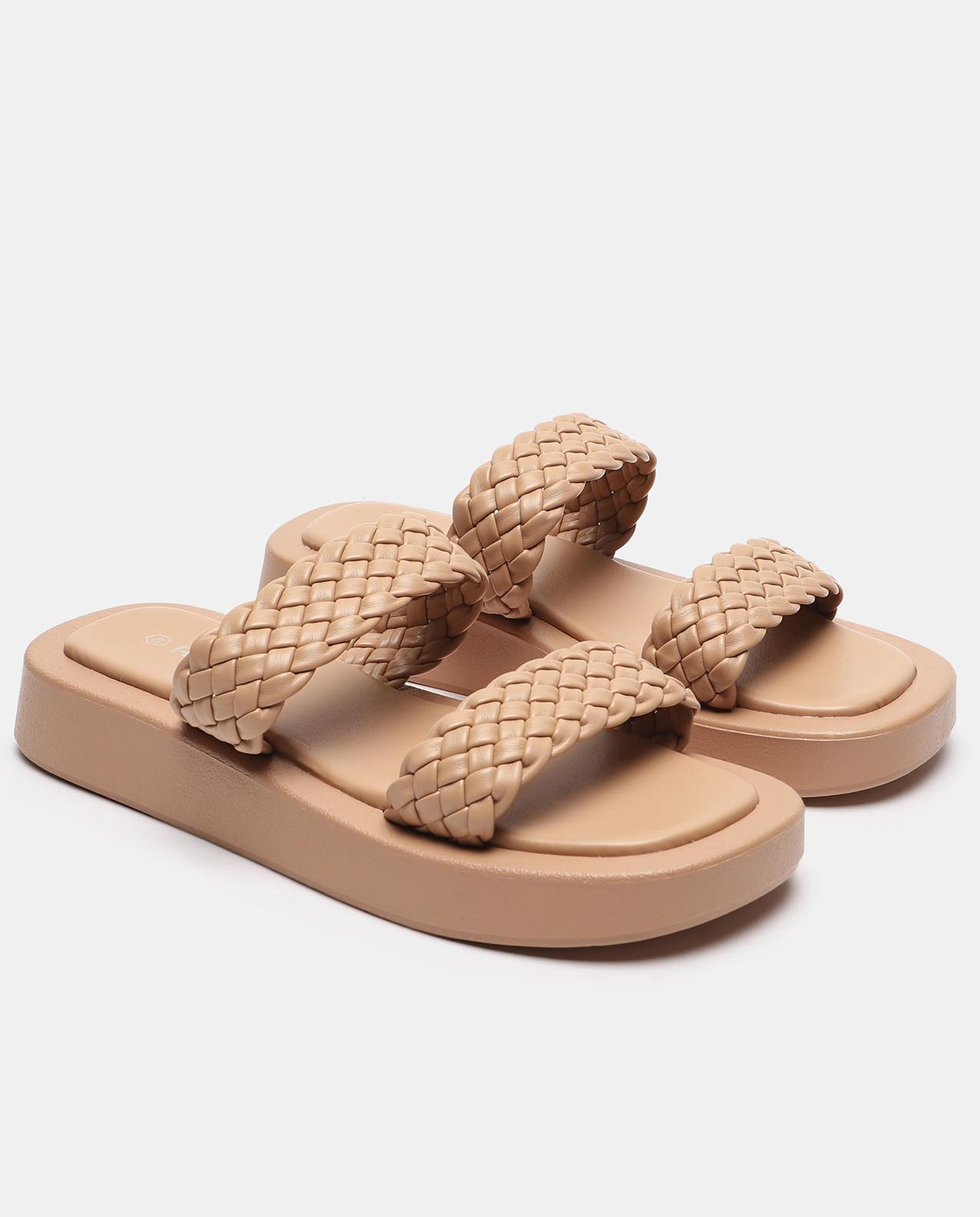 Beige Two Straps Slip On Sandals