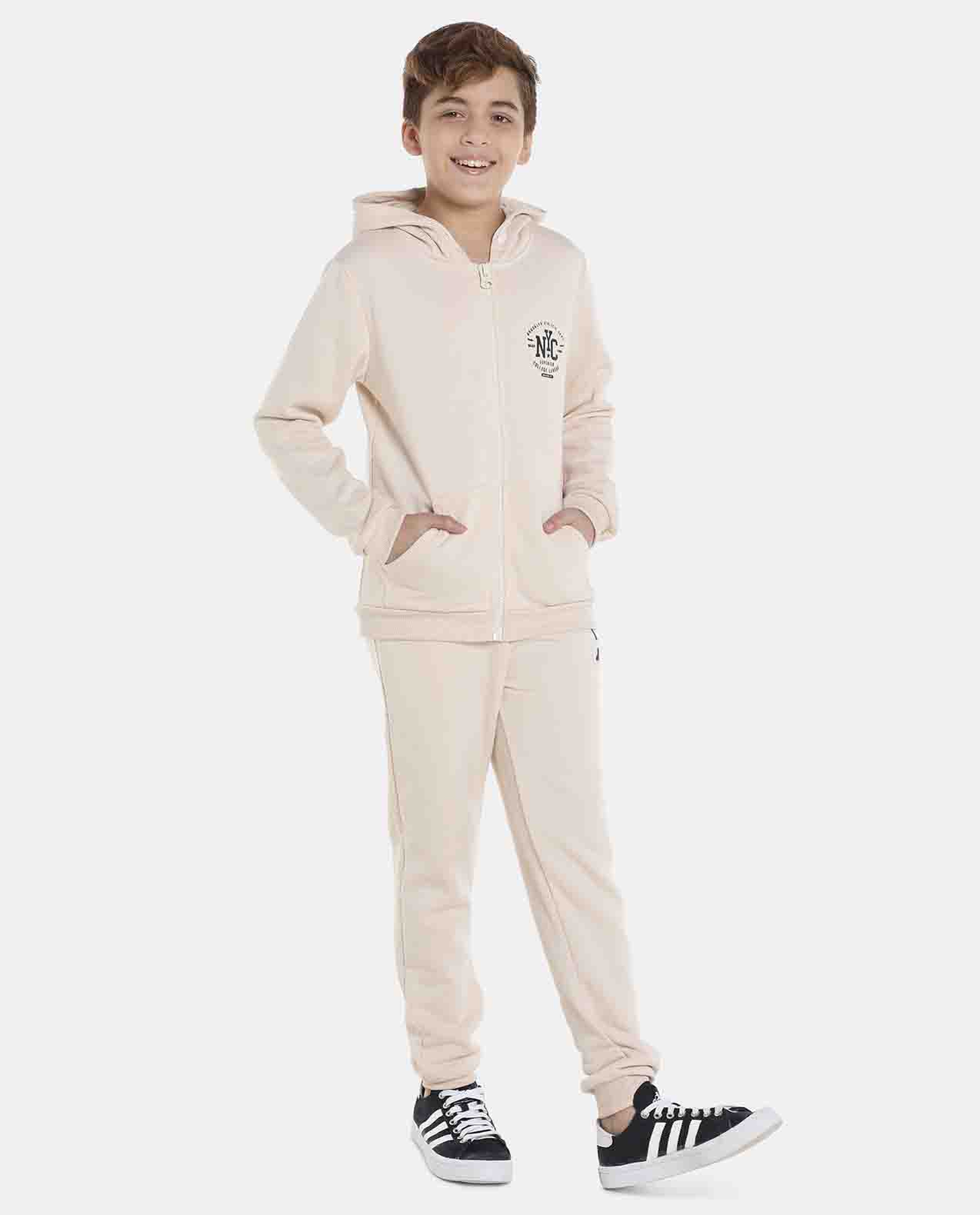 Beige Printed Regular Fit Hoodies