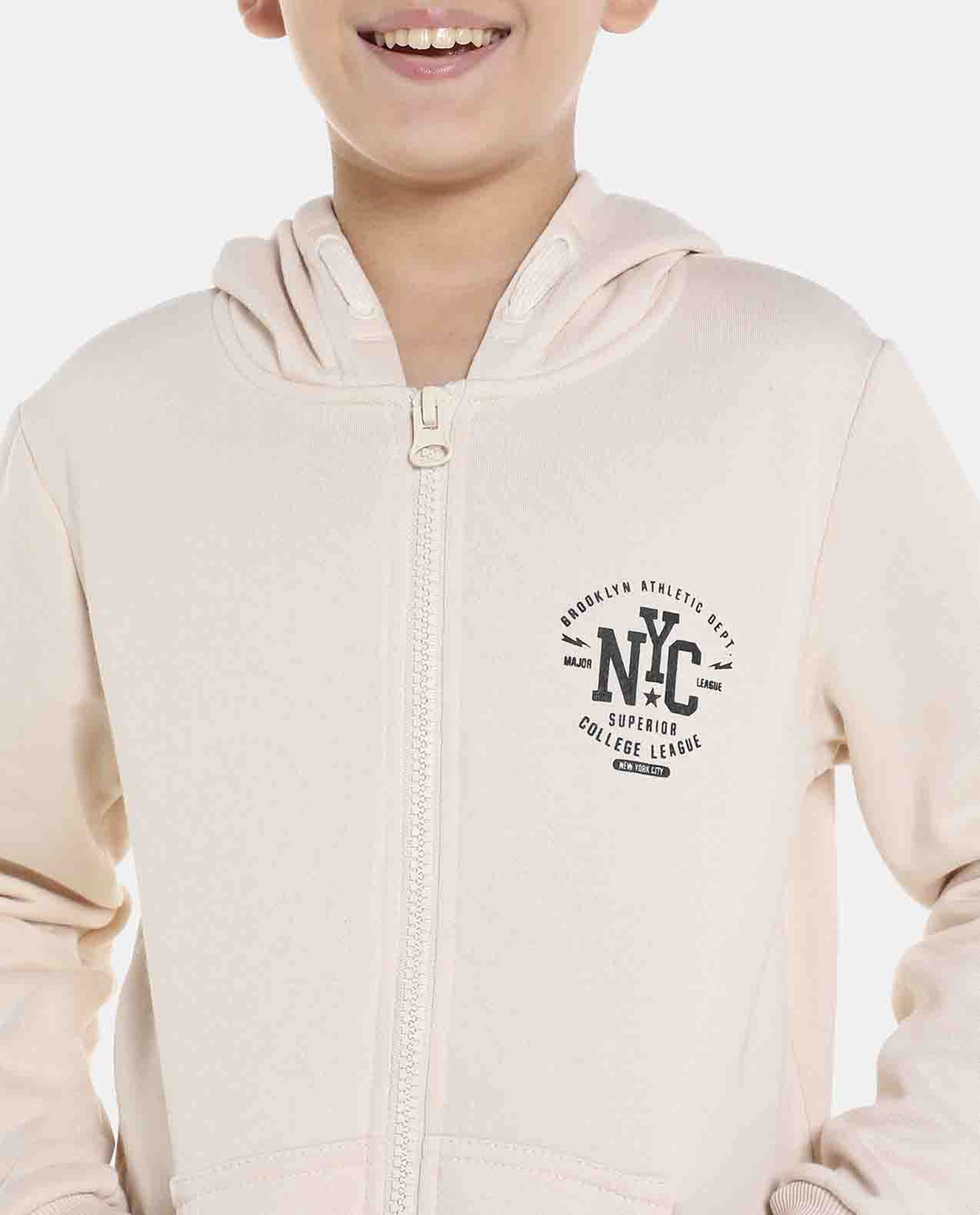 Beige Printed Regular Fit Hoodies