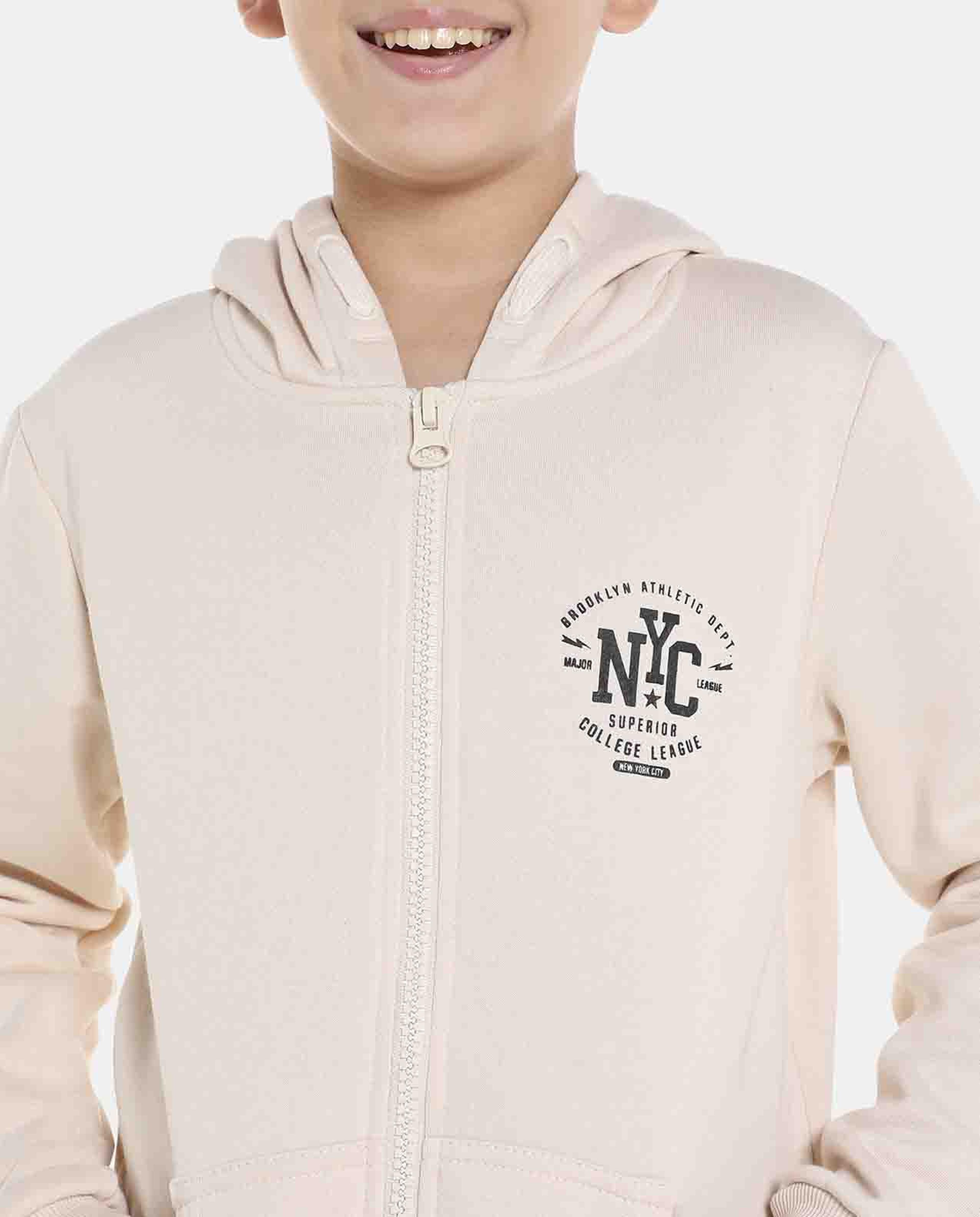 Beige Printed Regular Fit Hoodies