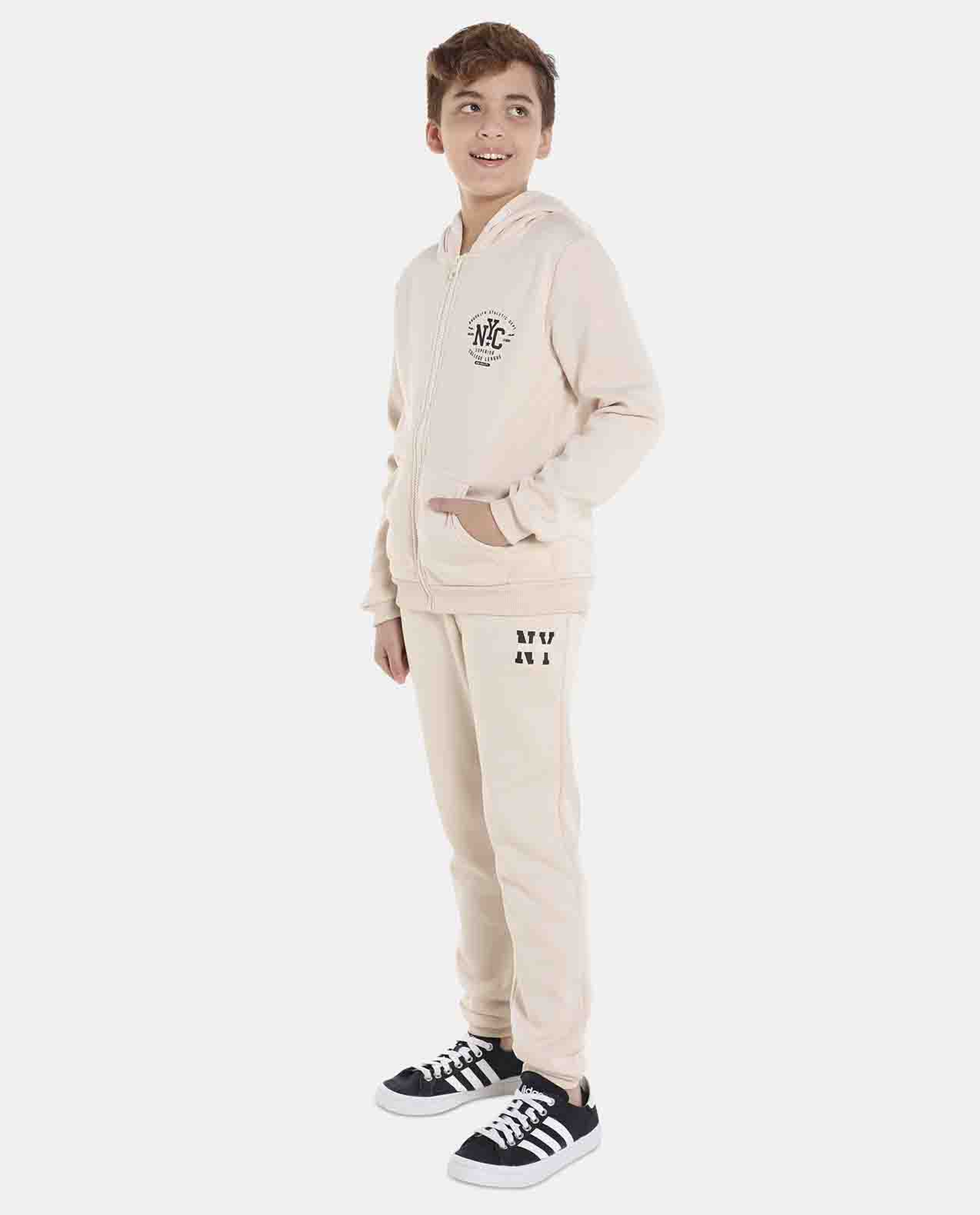 Beige Printed Regular Fit Hoodies