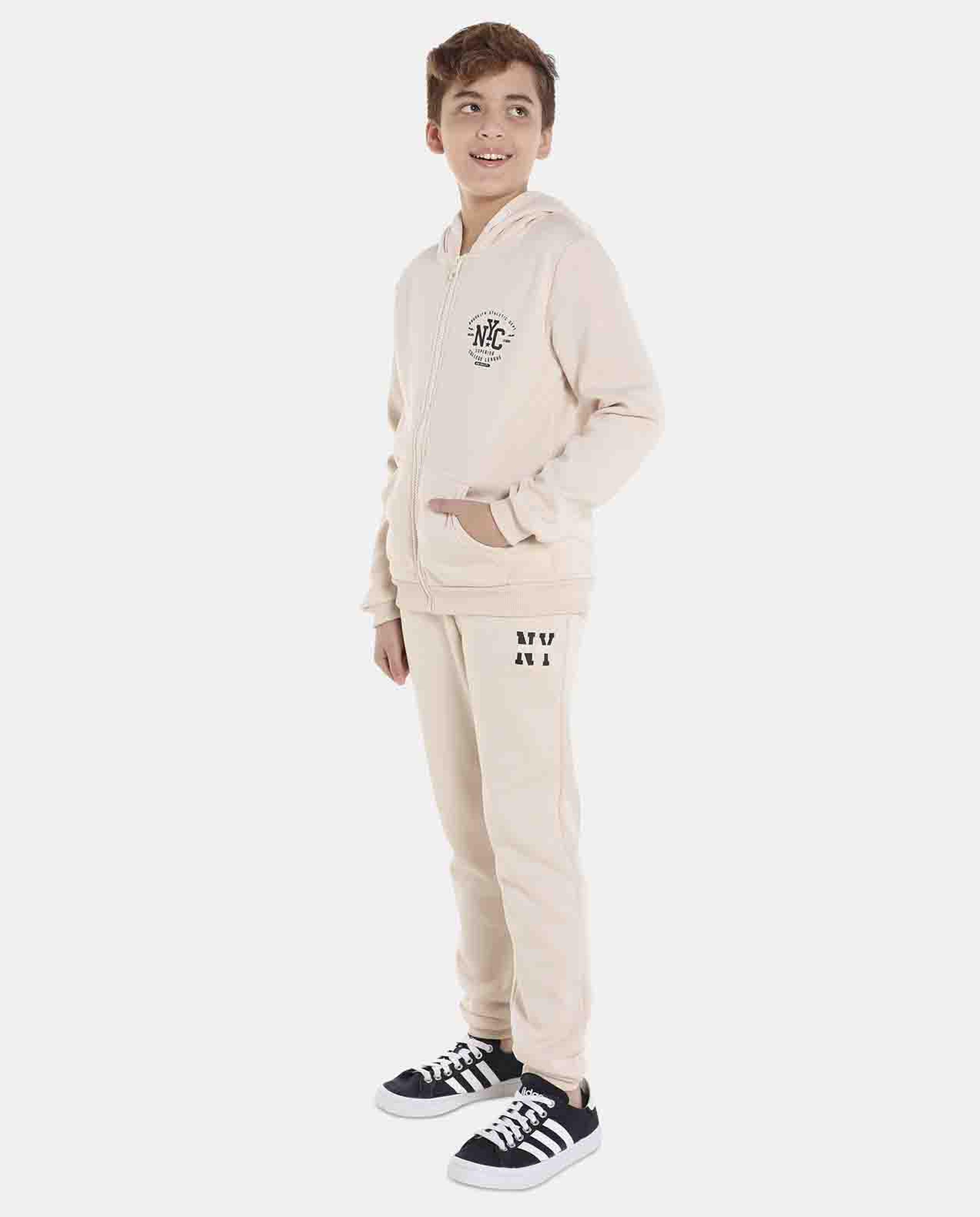 Beige Printed Regular Fit Hoodies