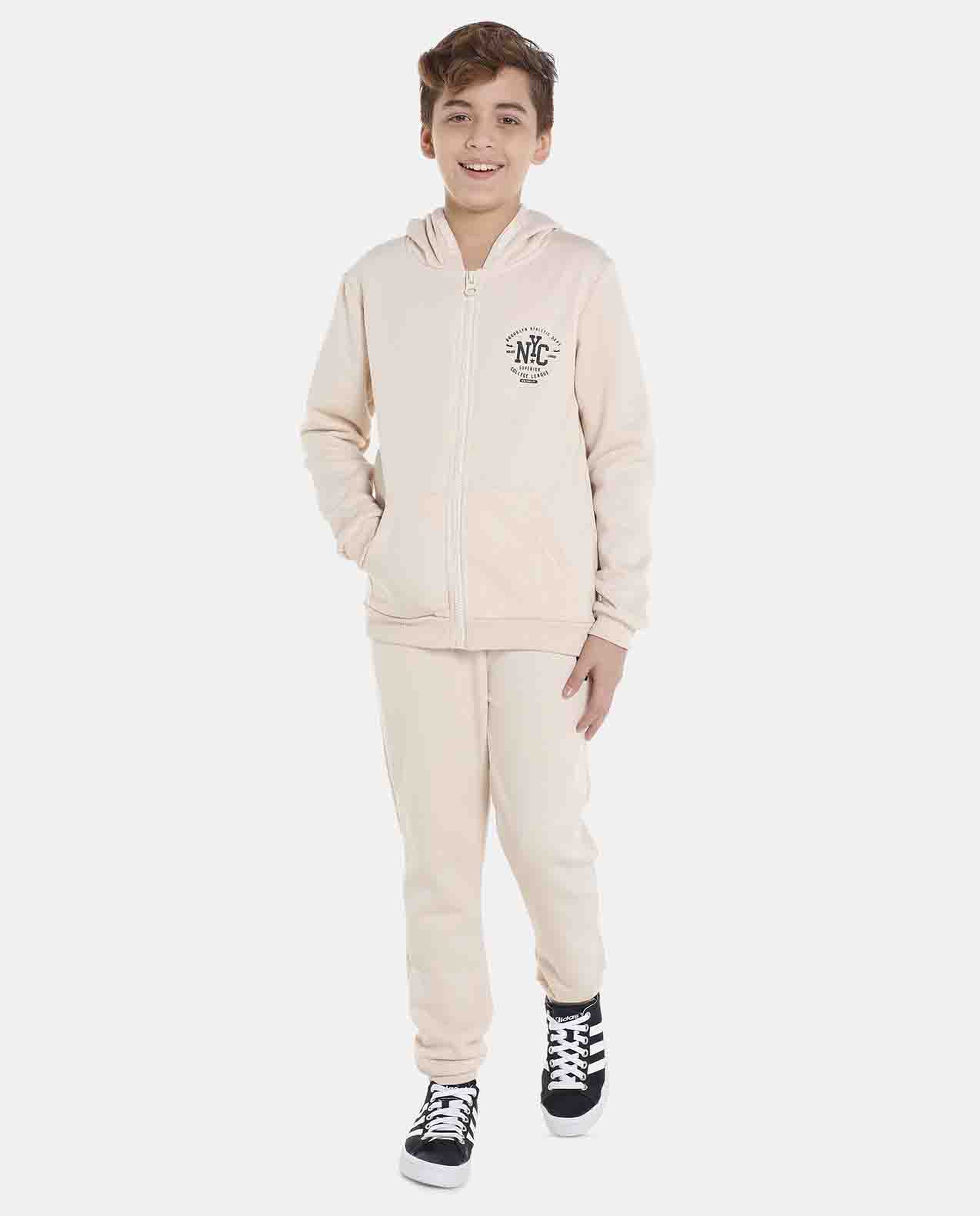 Beige Printed Regular Fit Hoodies
