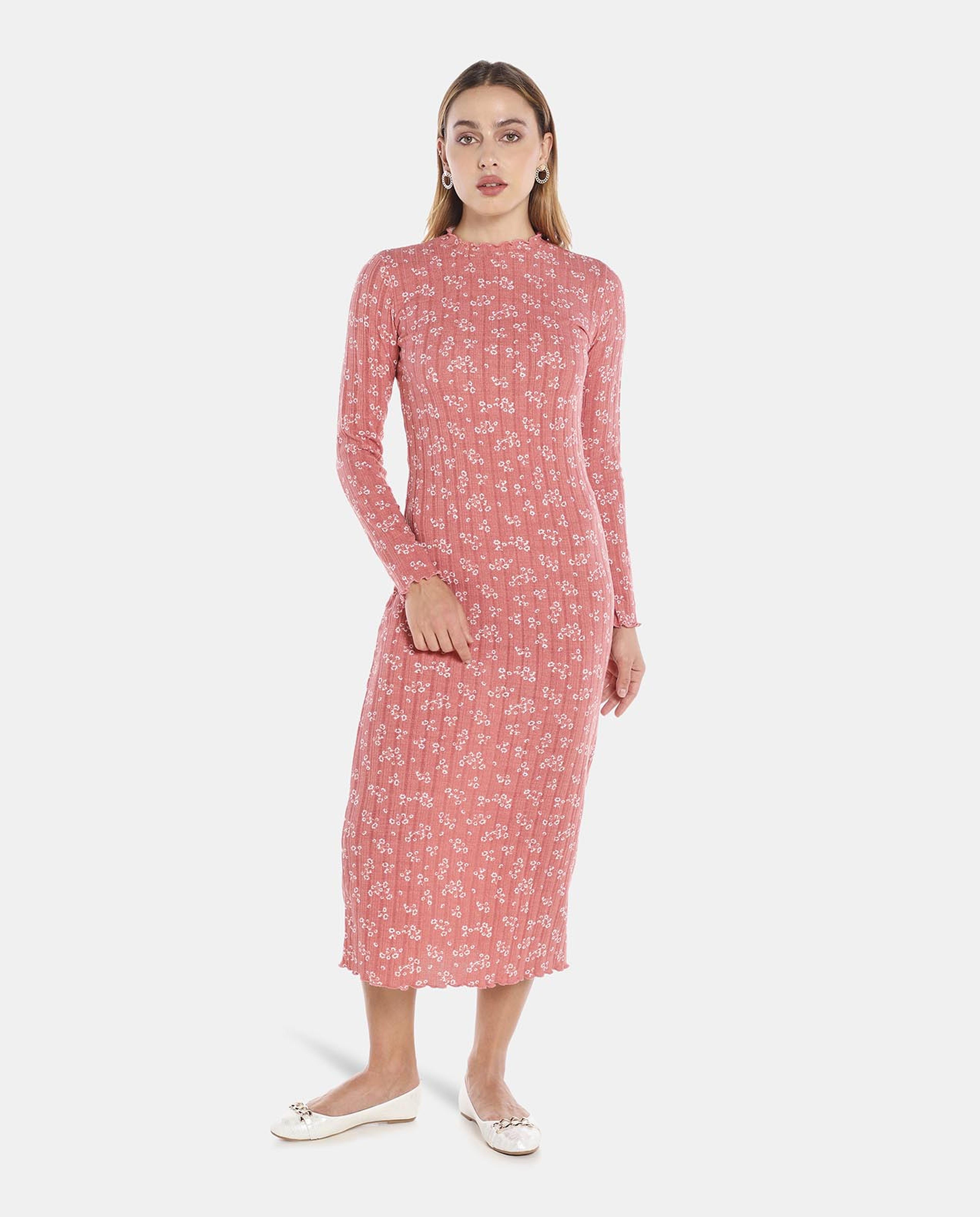 Pink Floral Print Midi Tiered Dress