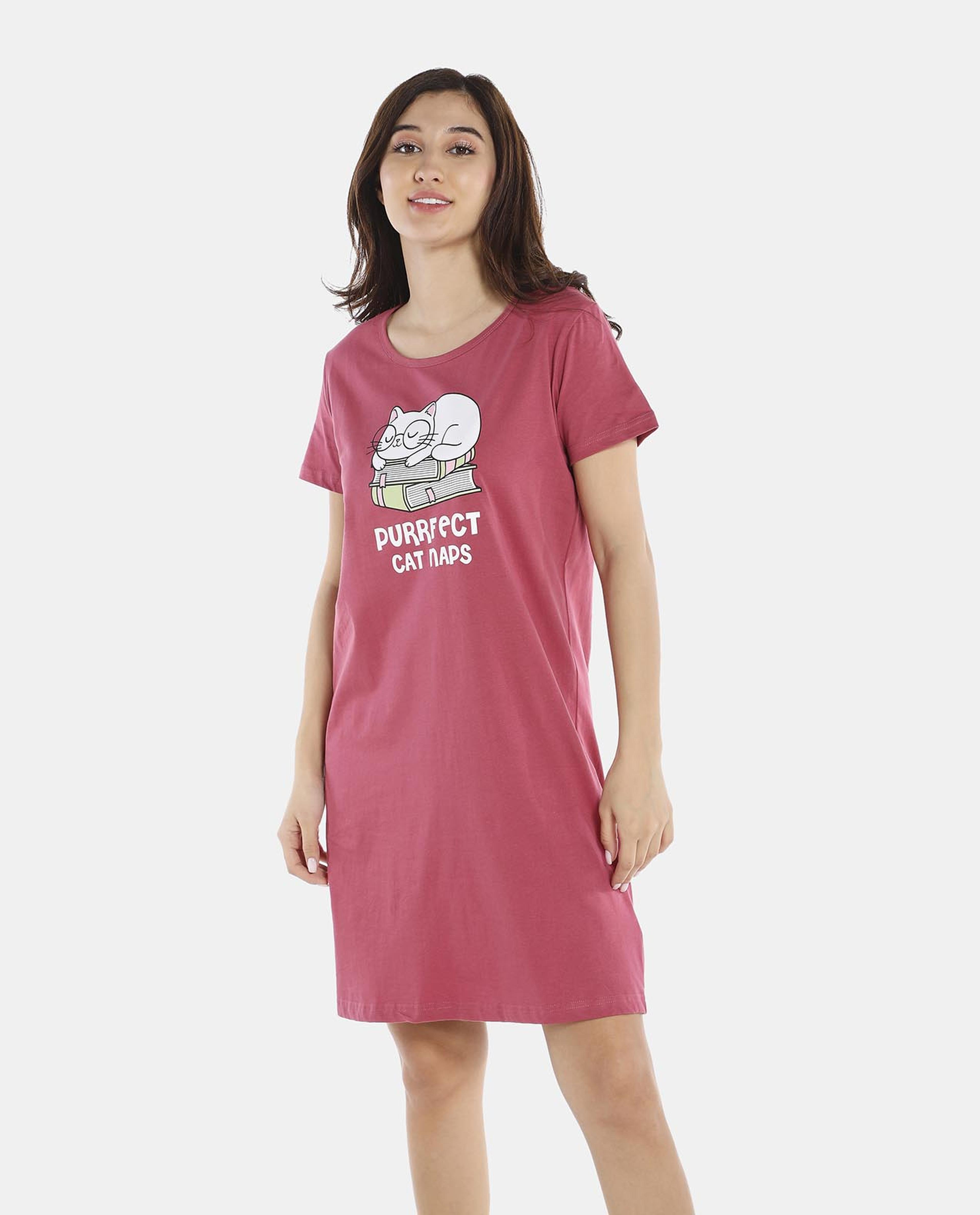 Pink Printed Knee Length Sleep Dress