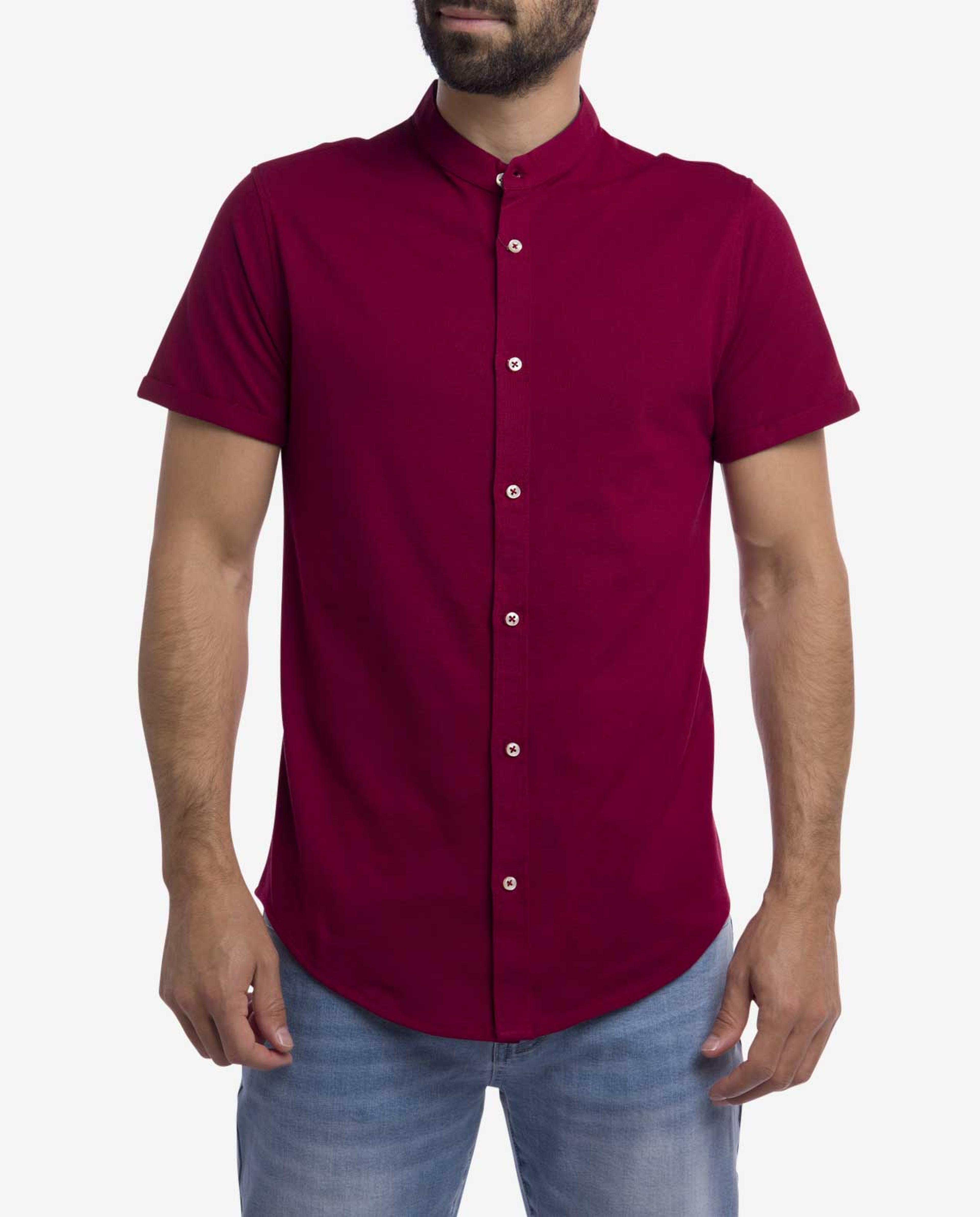 Cherry Red Band Collar Shirt