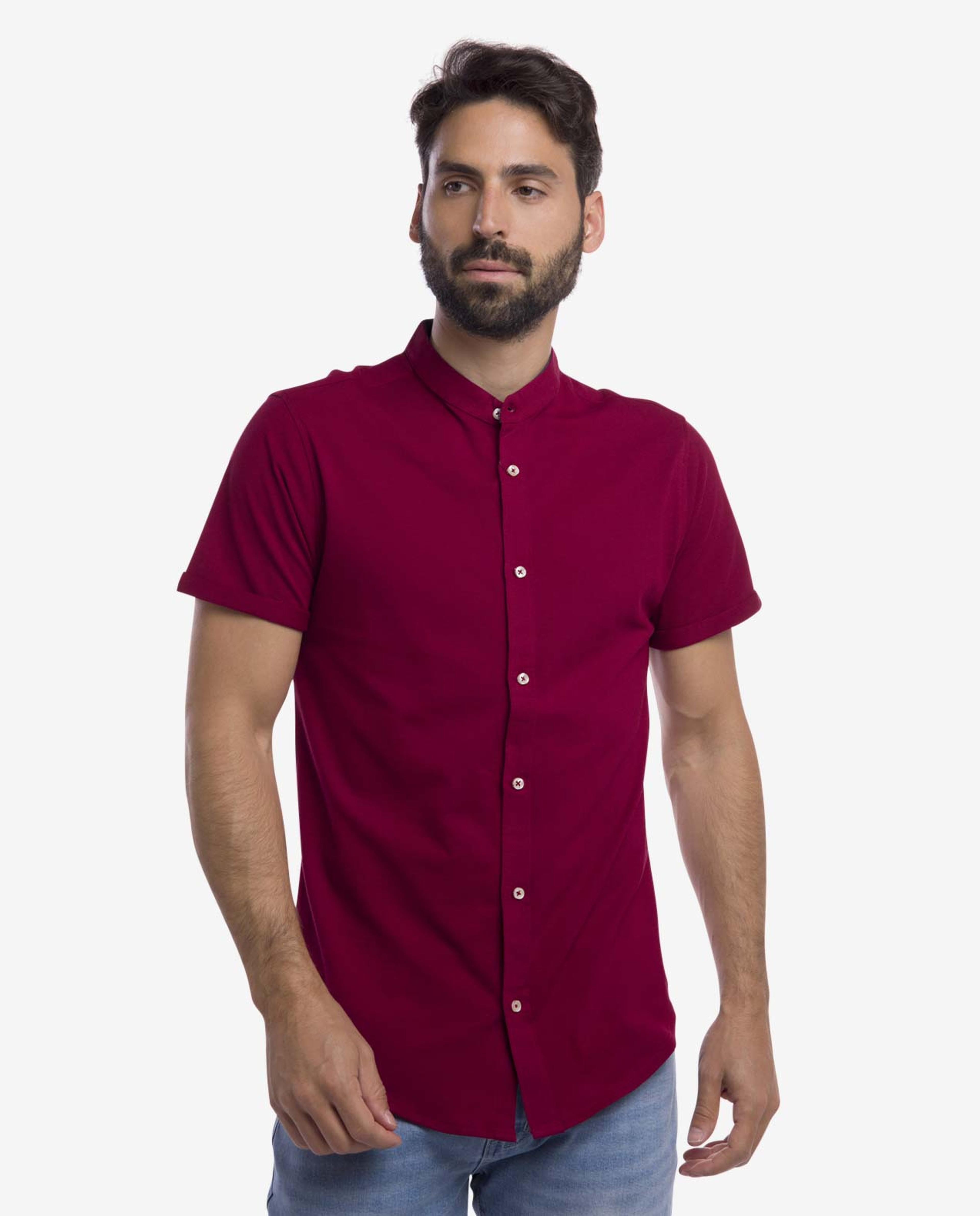 Cherry Red Band Collar Shirt
