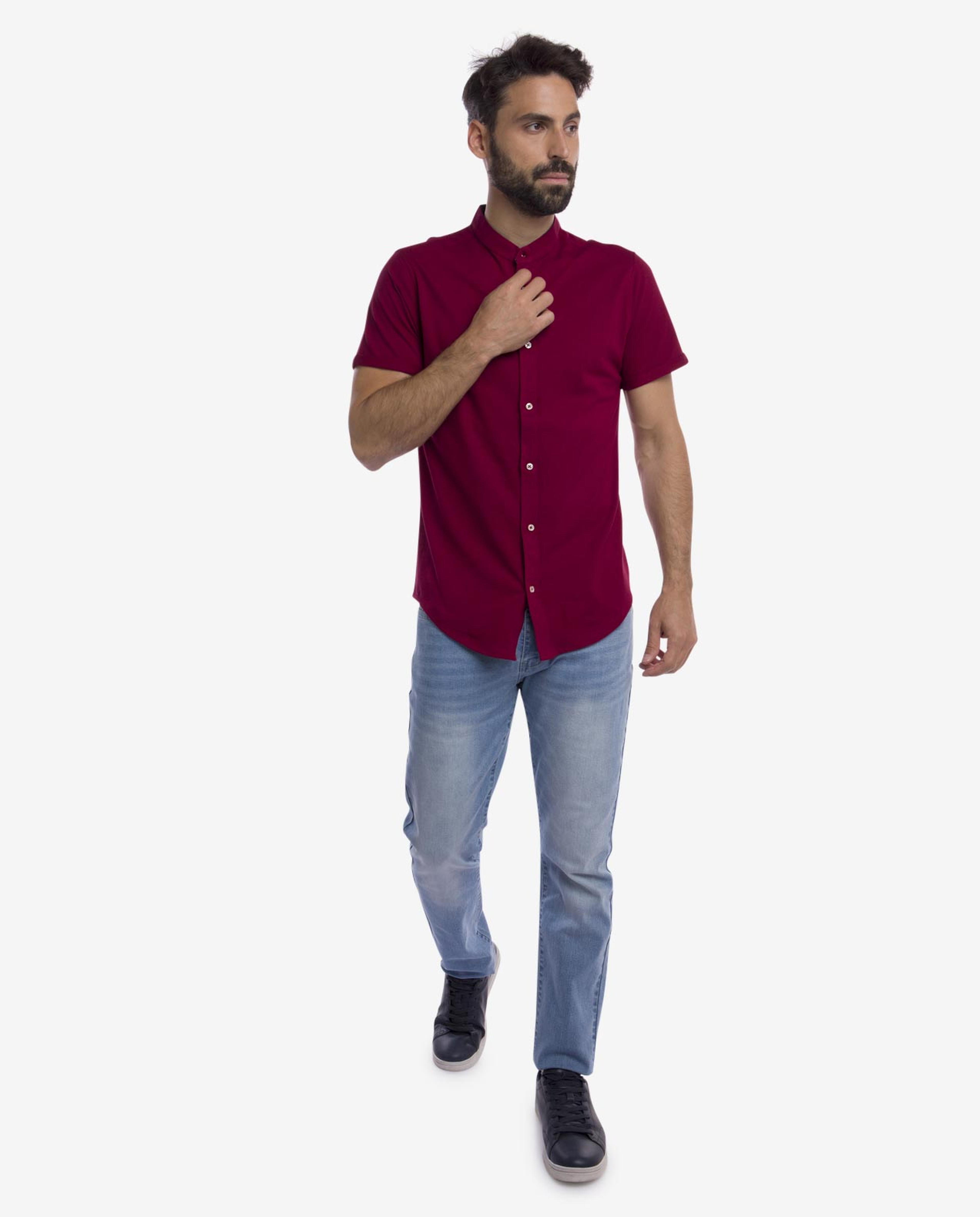 Cherry Red Band Collar Shirt