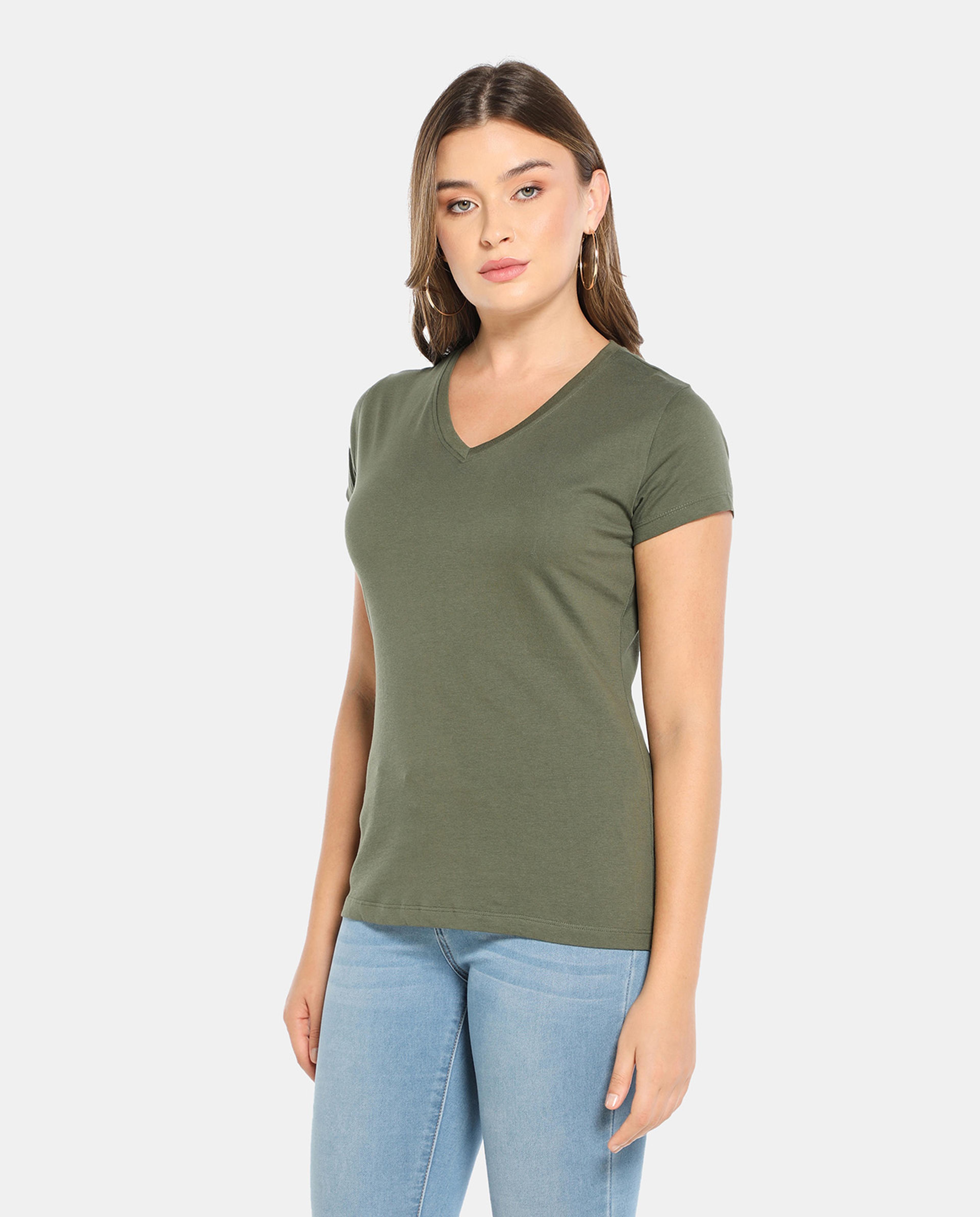 Green Cotton Solid V- Neck Tee