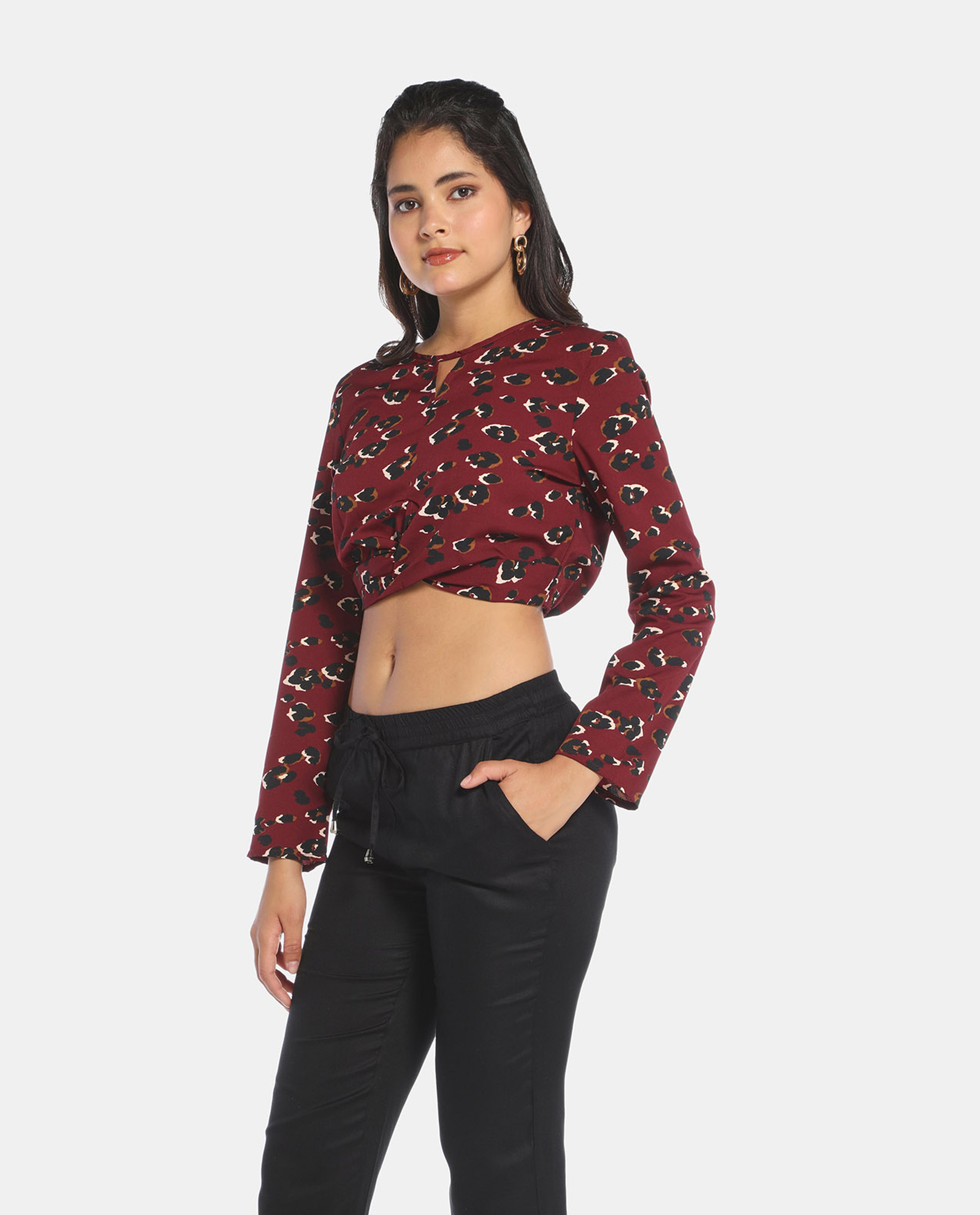 Red Floral Print Cris-Cross Crop Top