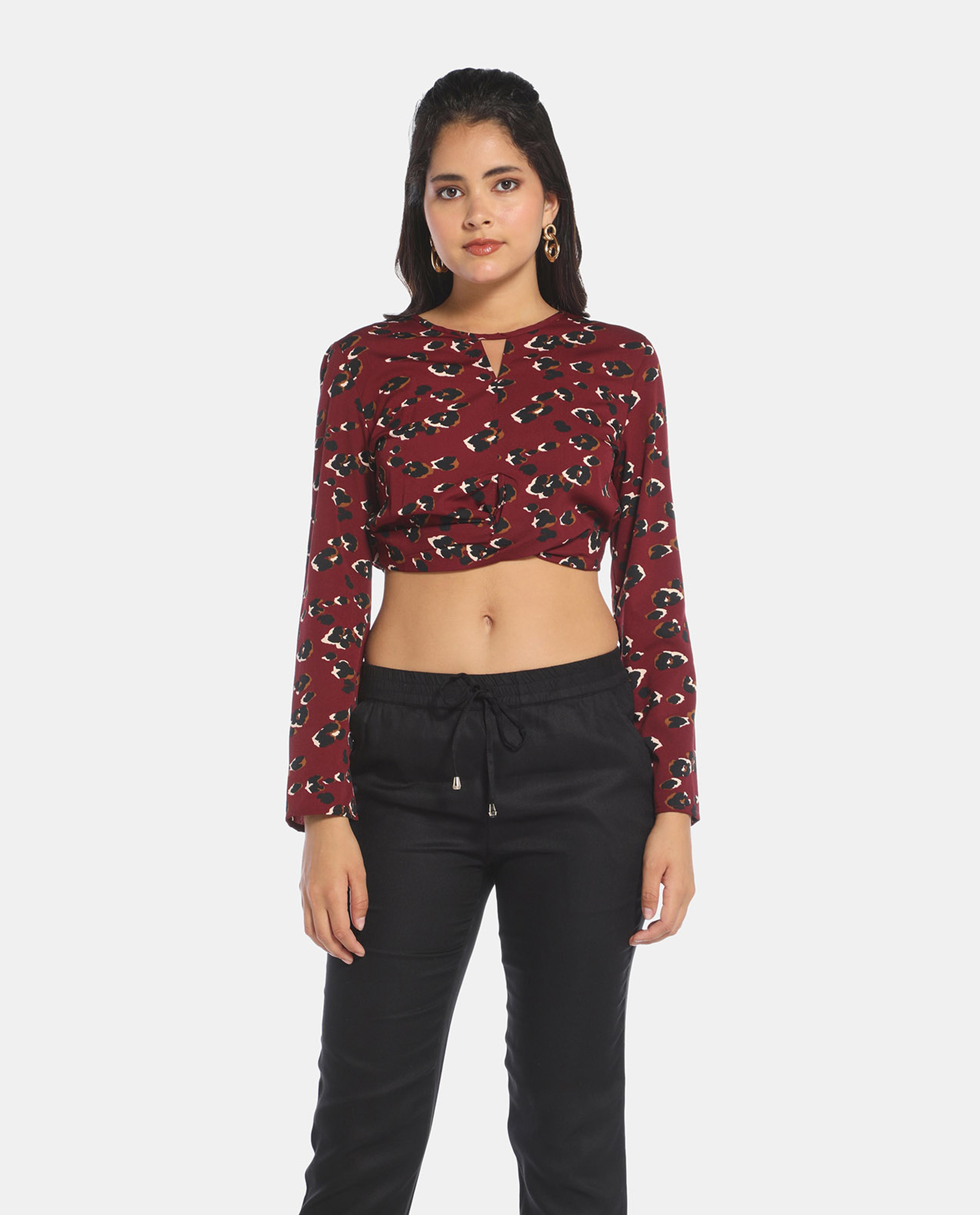 Red Floral Print Cris-Cross Crop Top