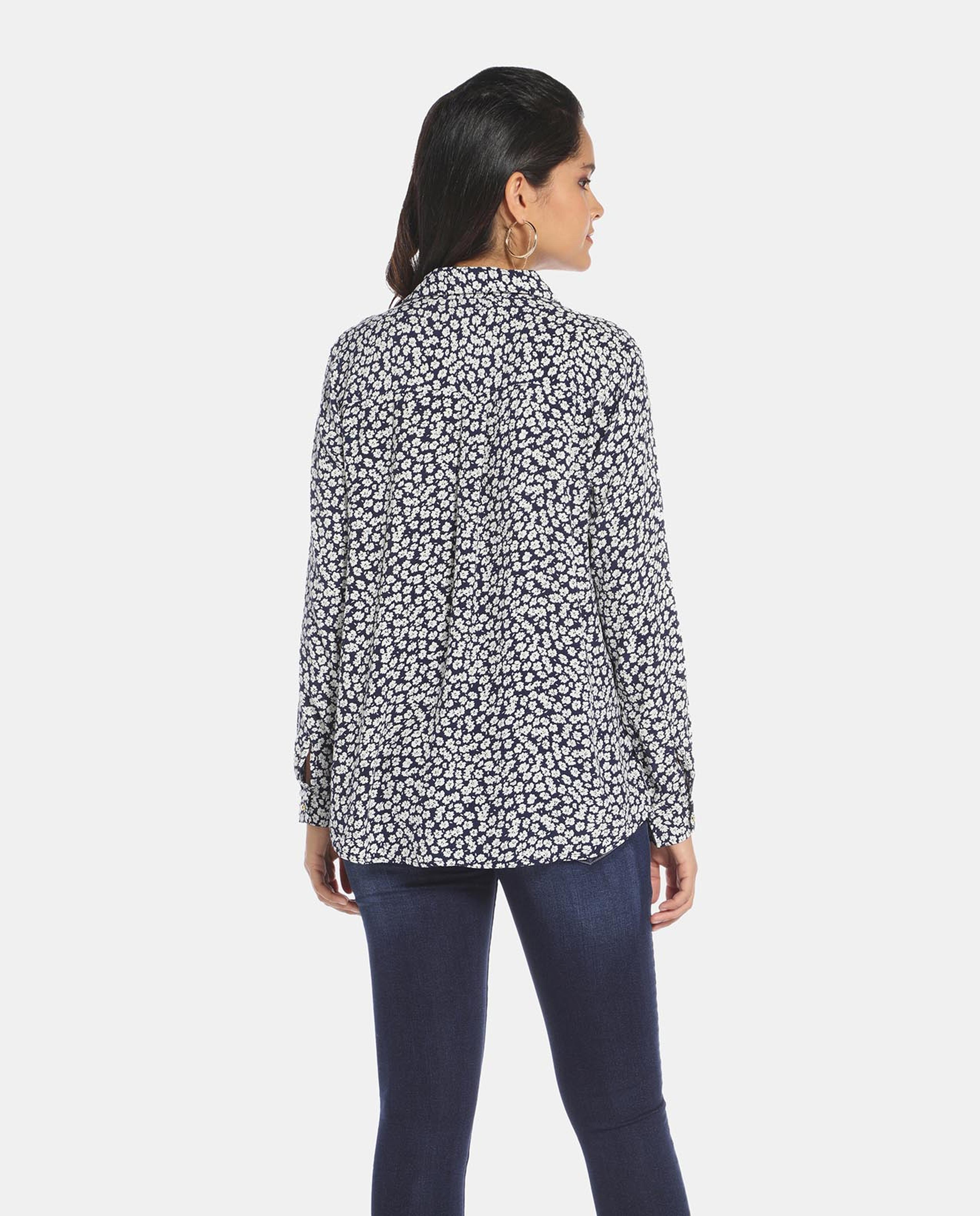 Navy Blue All Over Print Casual Wear Top