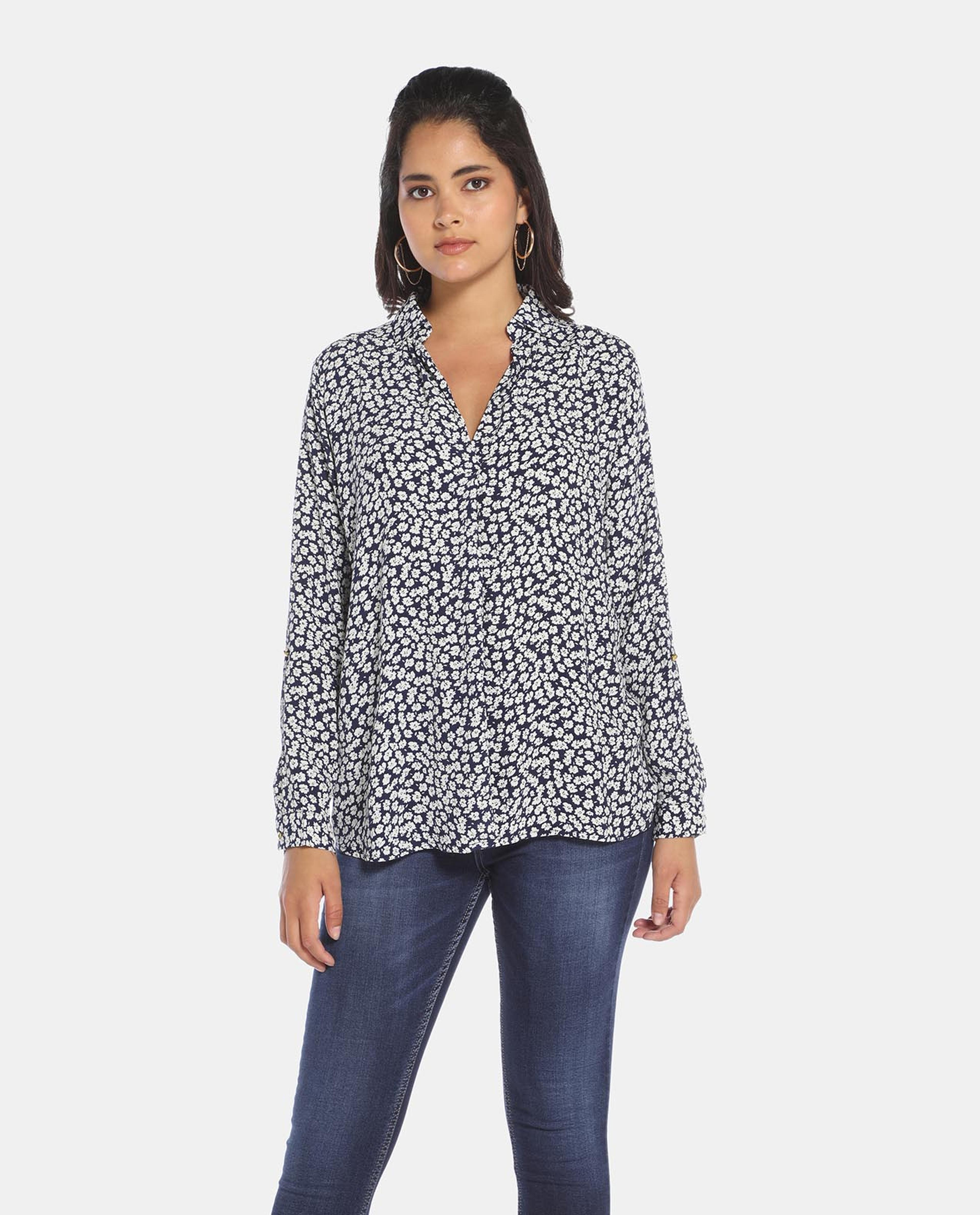 Navy Blue All Over Print Casual Wear Top
