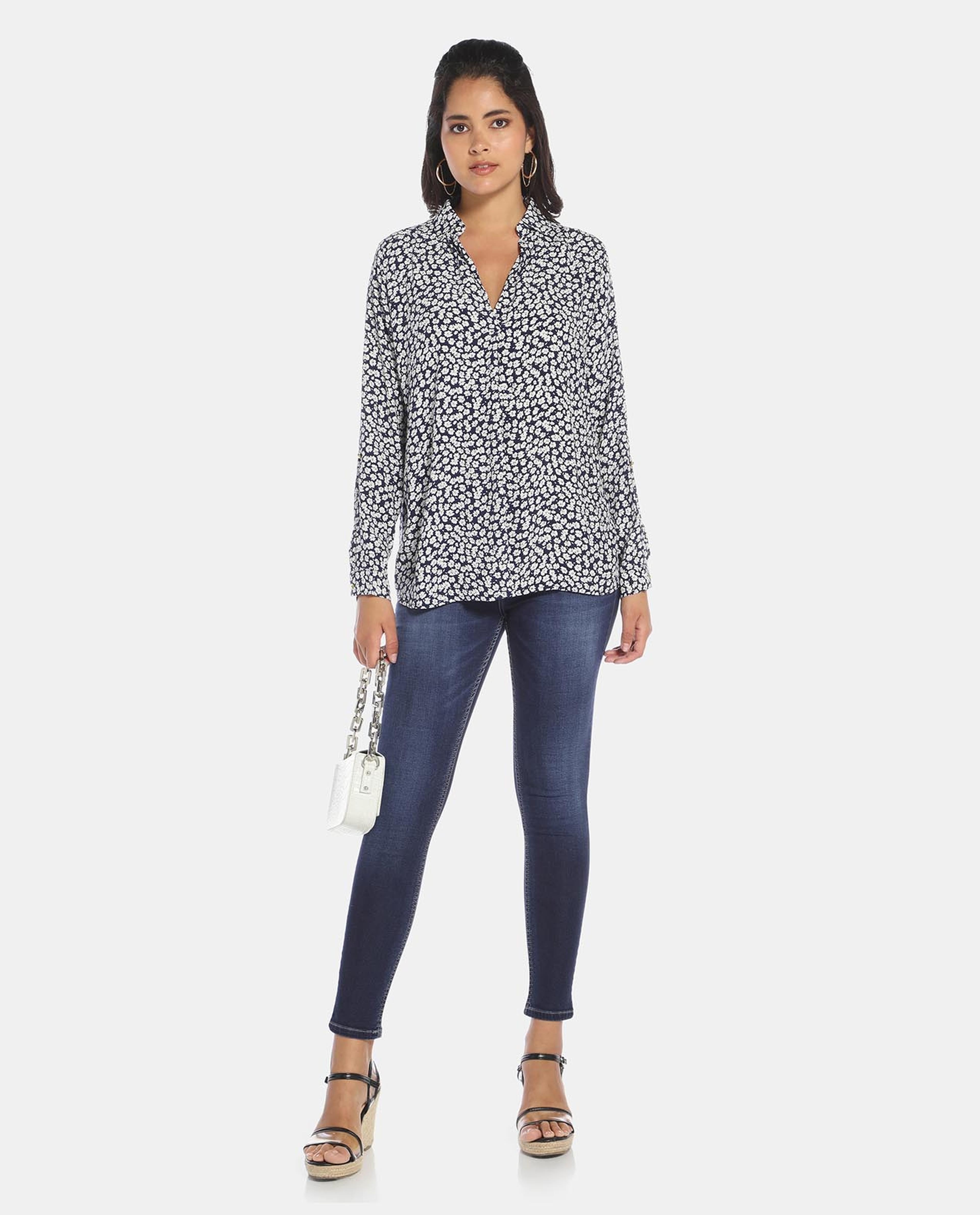Navy Blue All Over Print Casual Wear Top