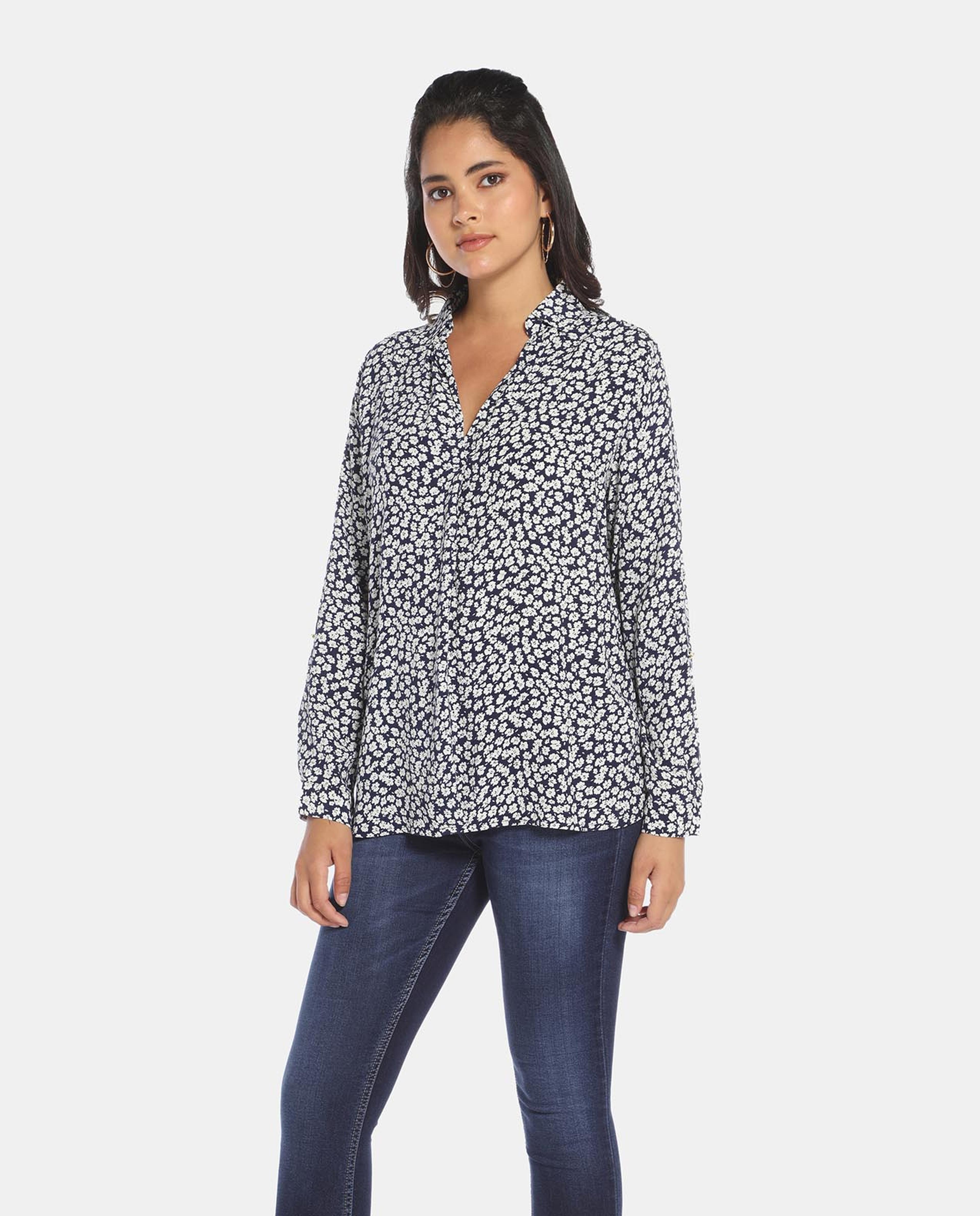Navy Blue All Over Print Casual Wear Top