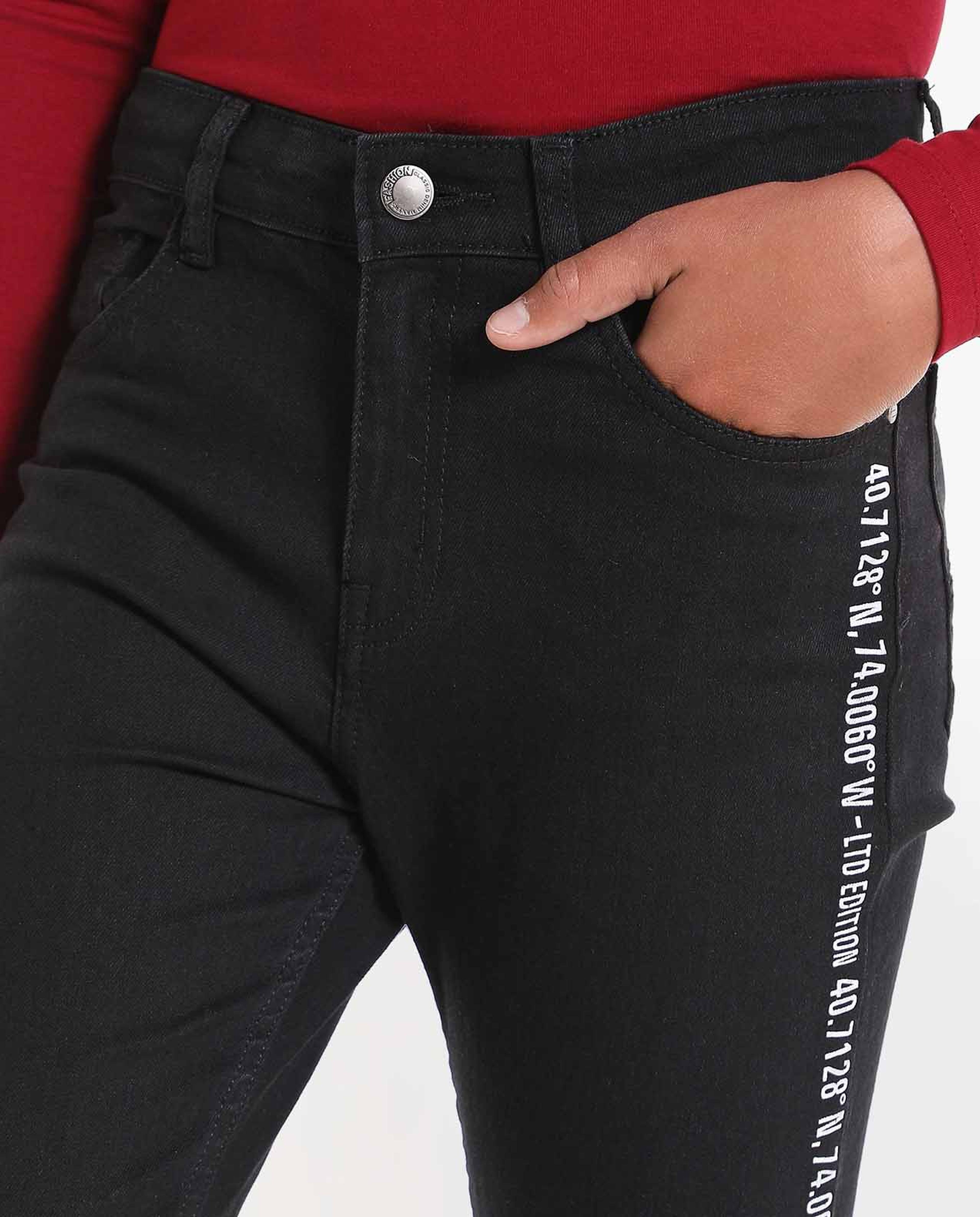 Typography Printed Jeans with Button Closure