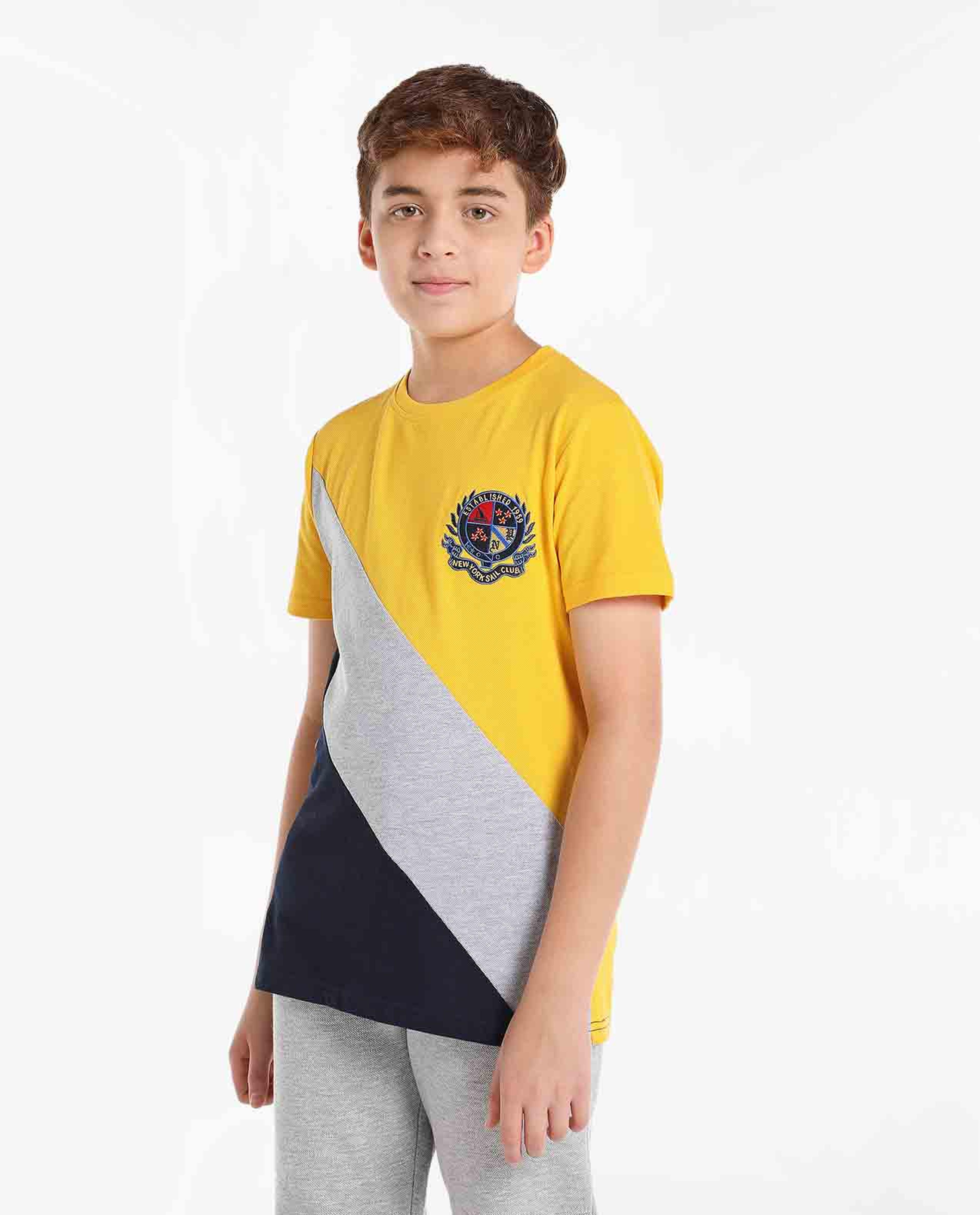 Color Block Printed T-Shirt with Crew Neck and Short Sleeves