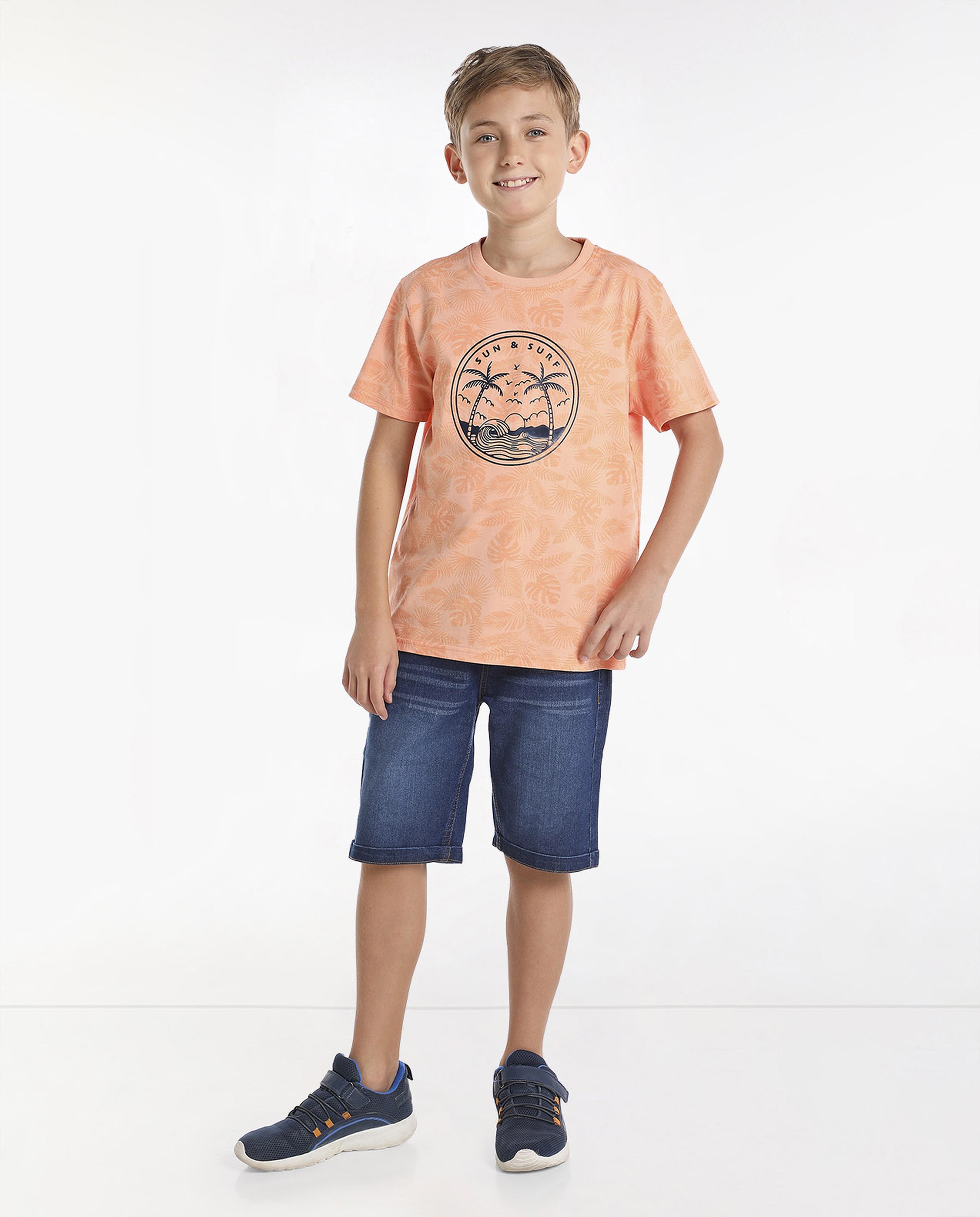 Casual Printed T-Shirt And Shorts Set With Crew Neck And Short Sleeves