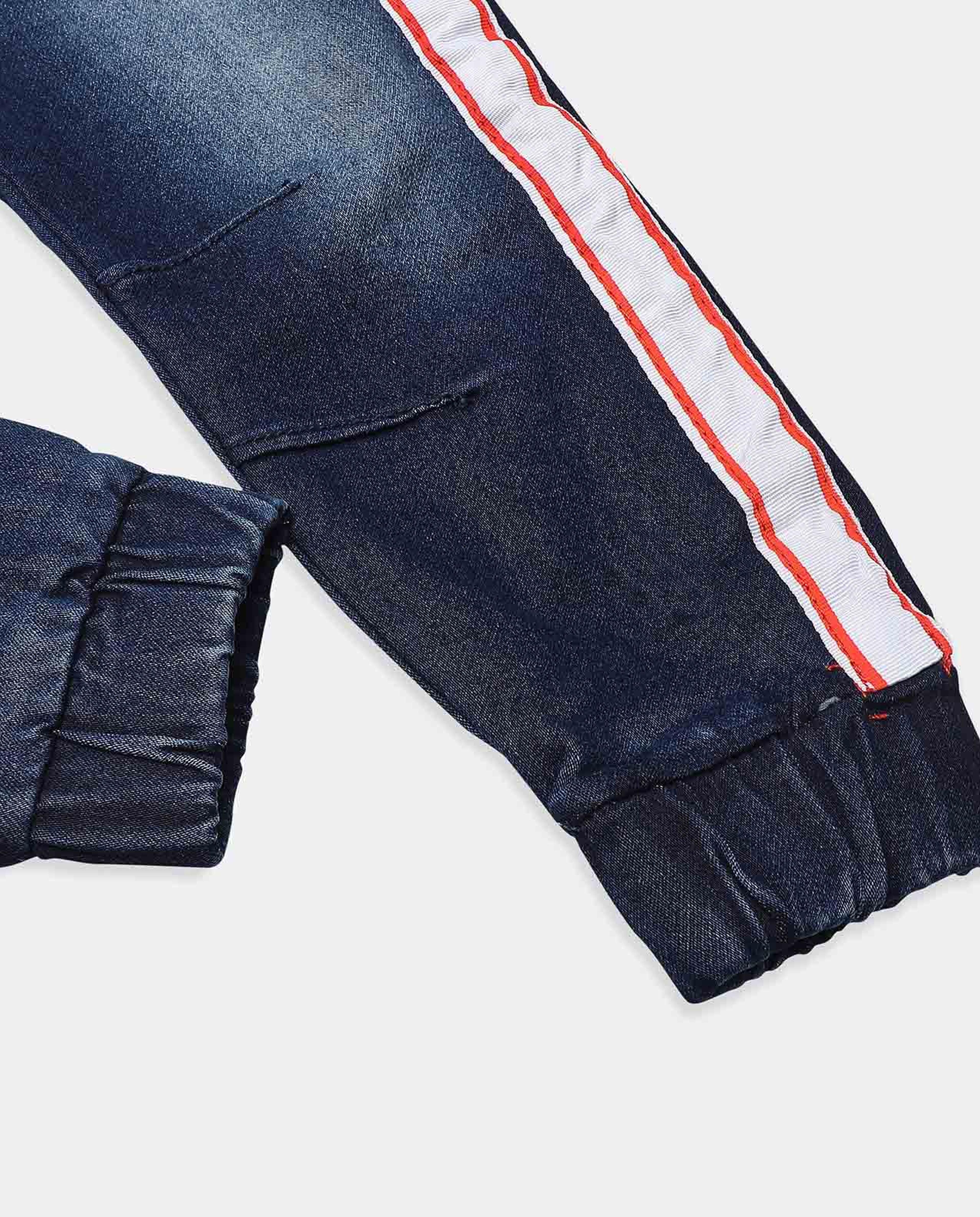 Heavy Fade Jogger Fit Jeans with Drawstring Closure and Side Stripes