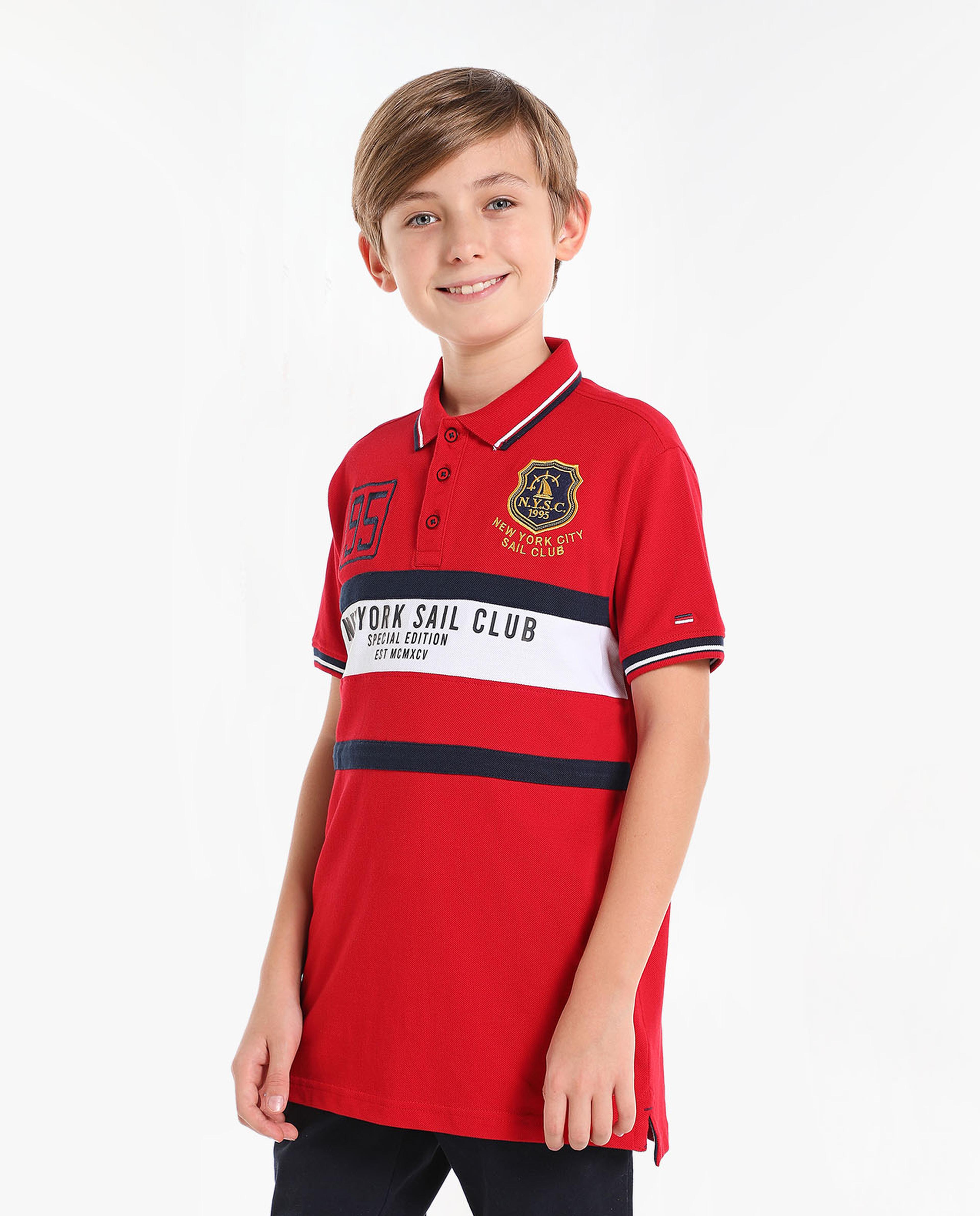 Color Block Printed T-Shirt with Polo Collar and Short Sleeves