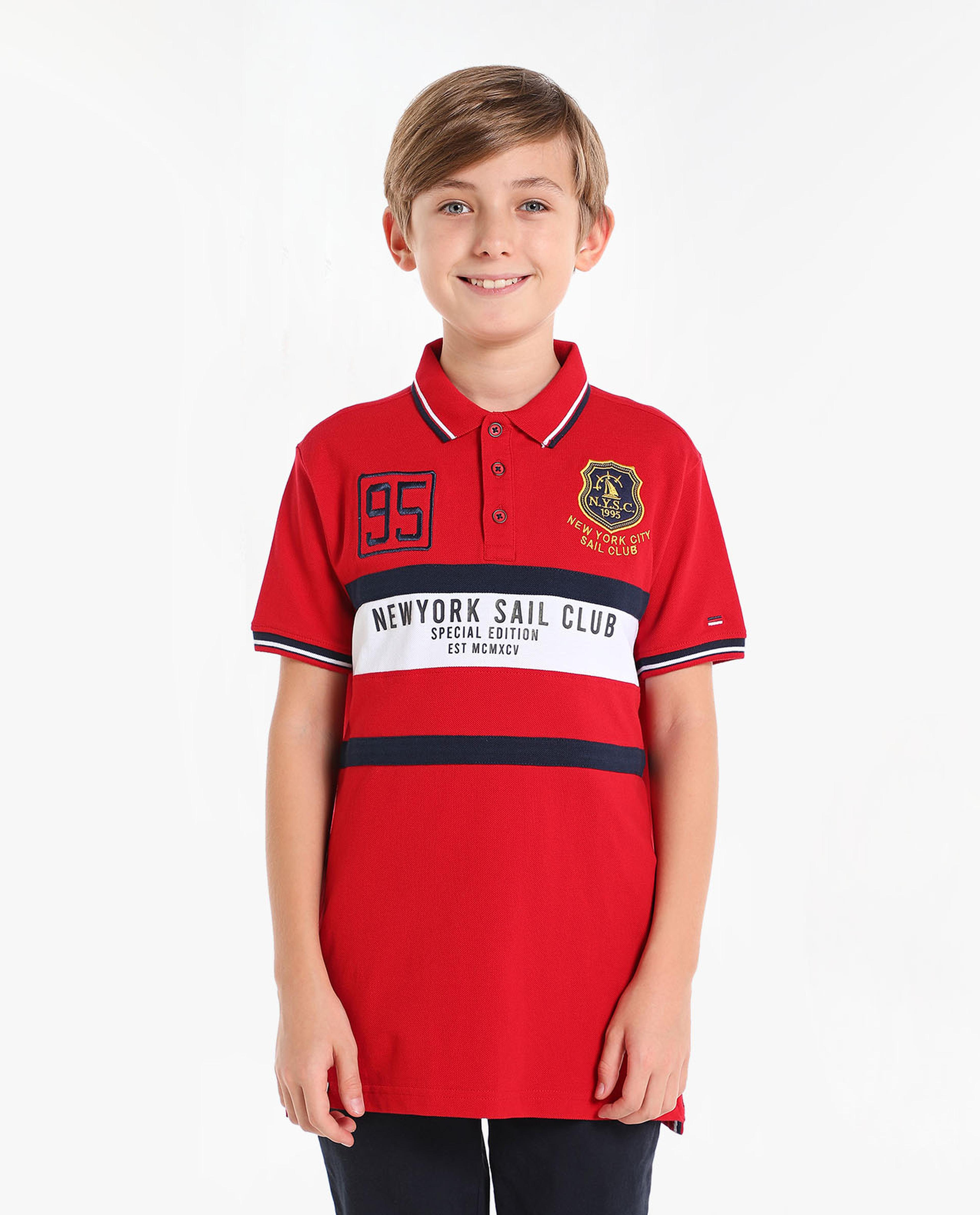 Color Block Printed T-Shirt with Polo Collar and Short Sleeves