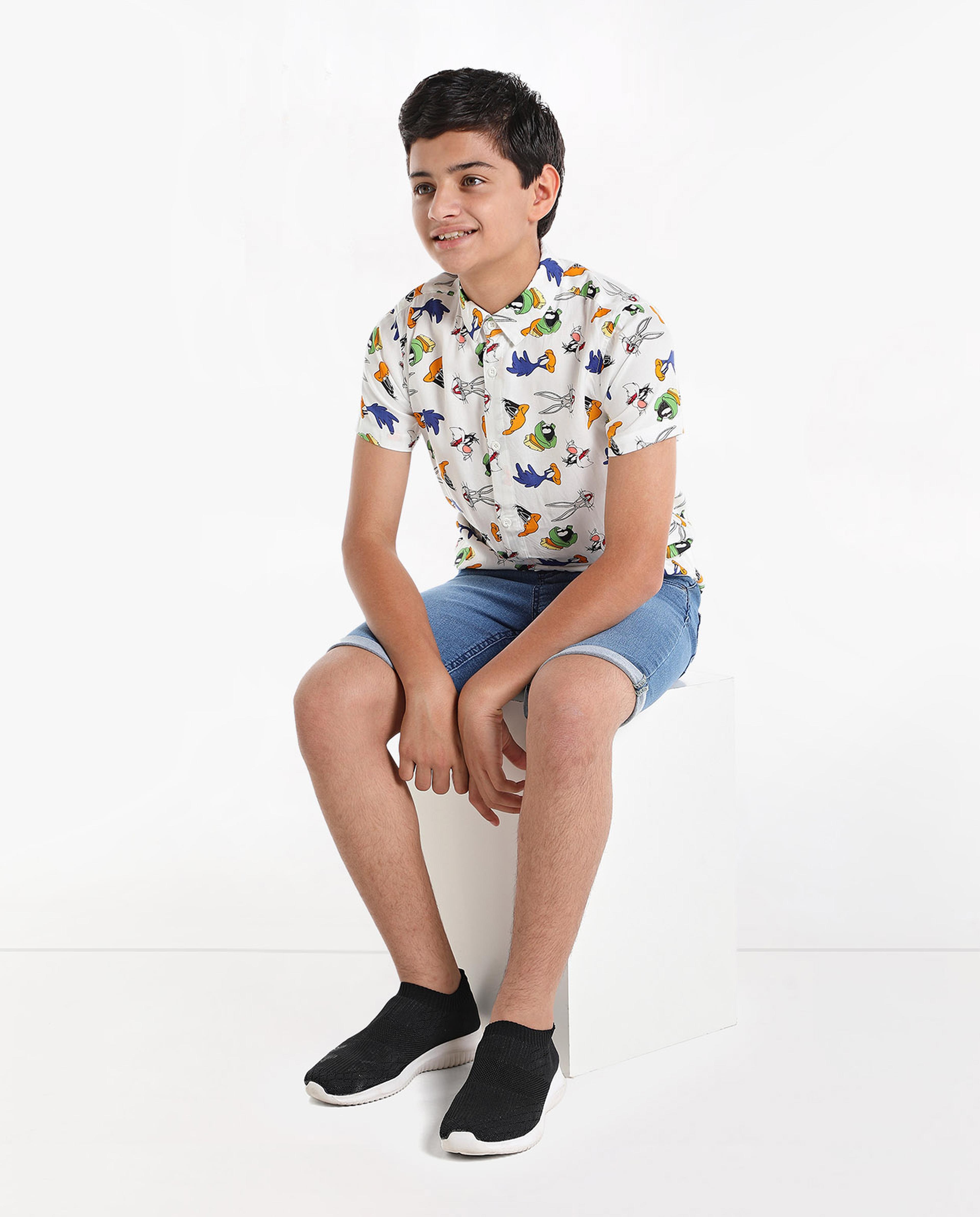 Printed Shirt with Classic Collar and Short Sleeves