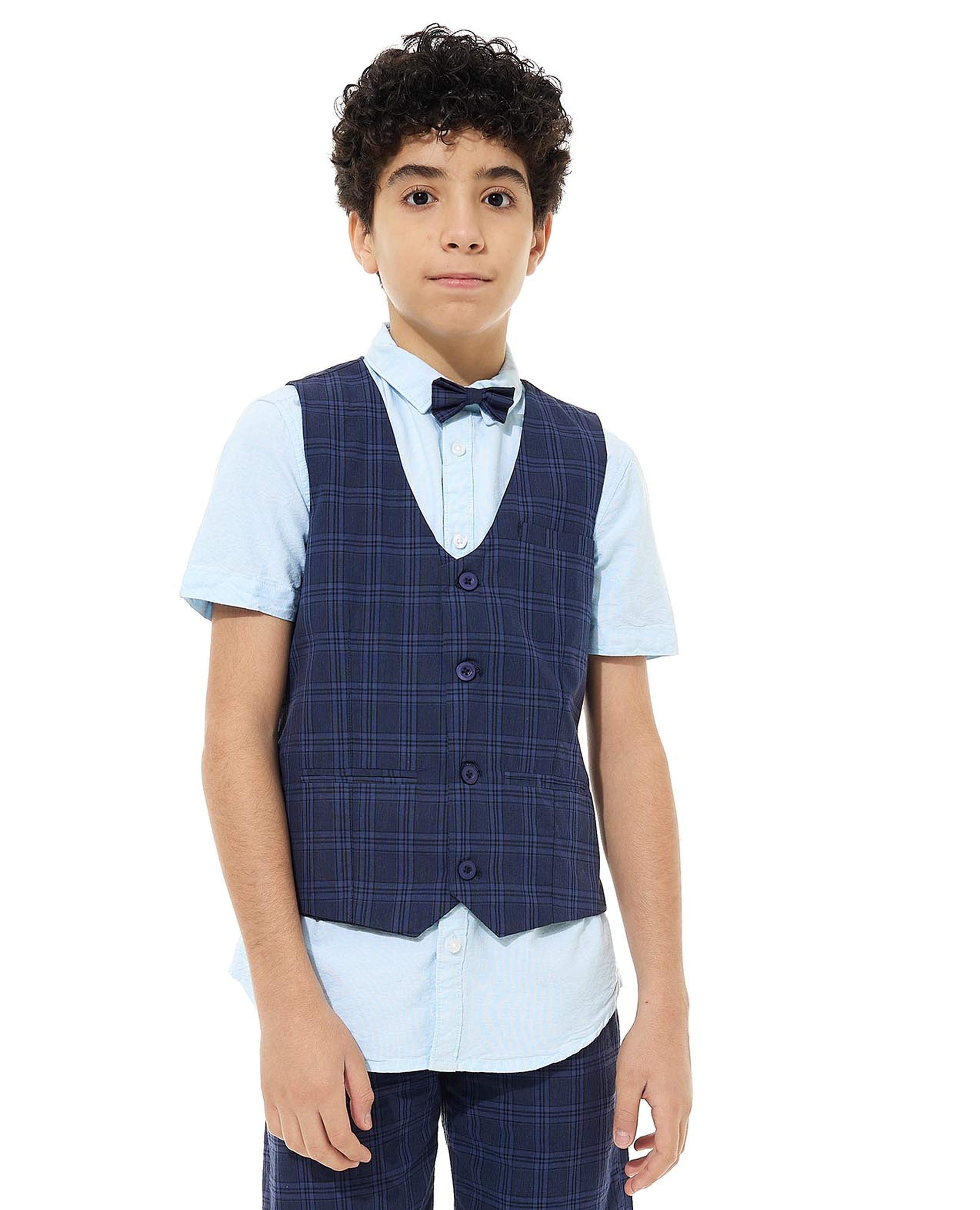 Checkered Shirt and Waistcoat with Bow Set