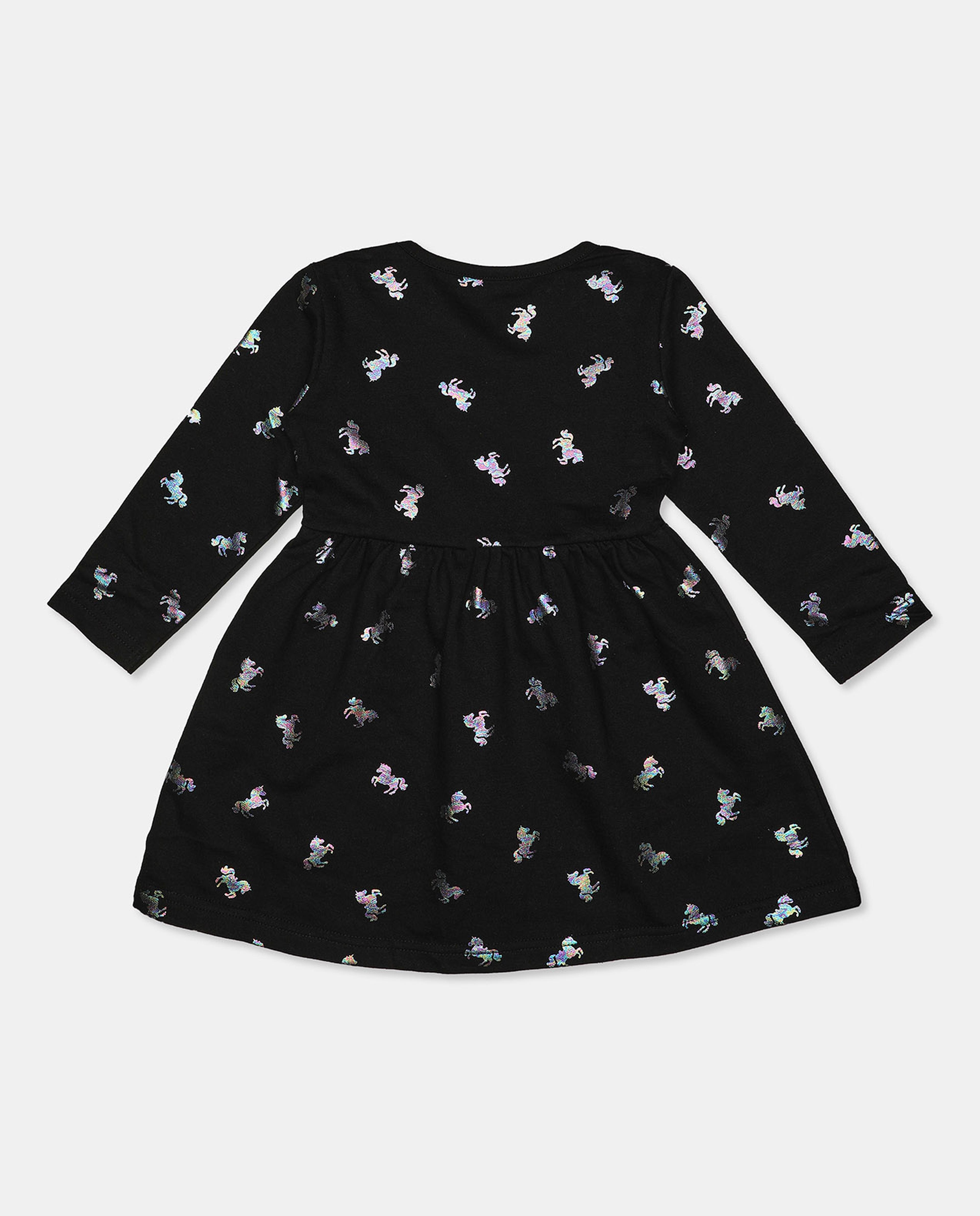 Printed Gathered Dress with Round Neck and Long Sleeves