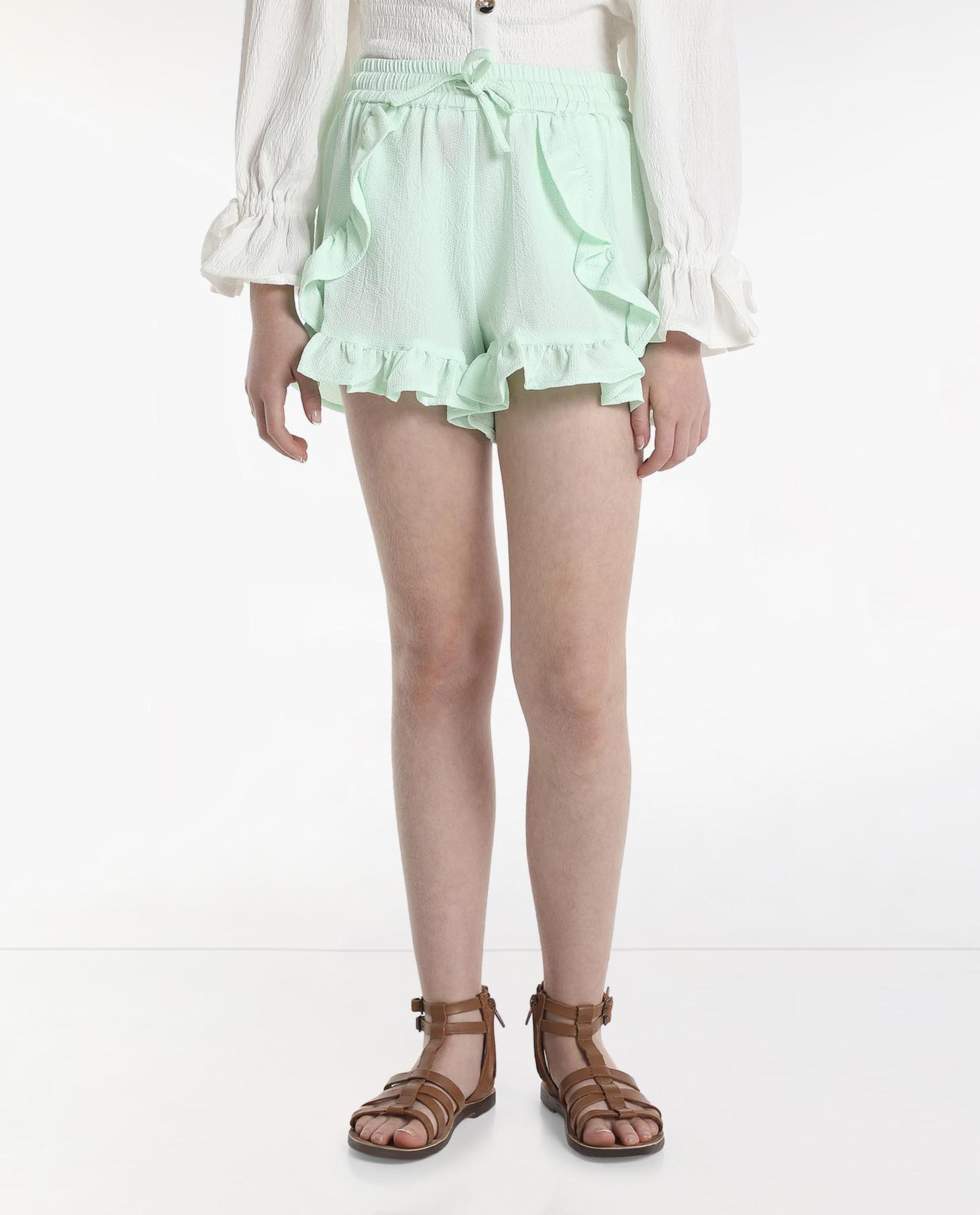 Solid Ruffle Woven Shorts With Tie Up Waist