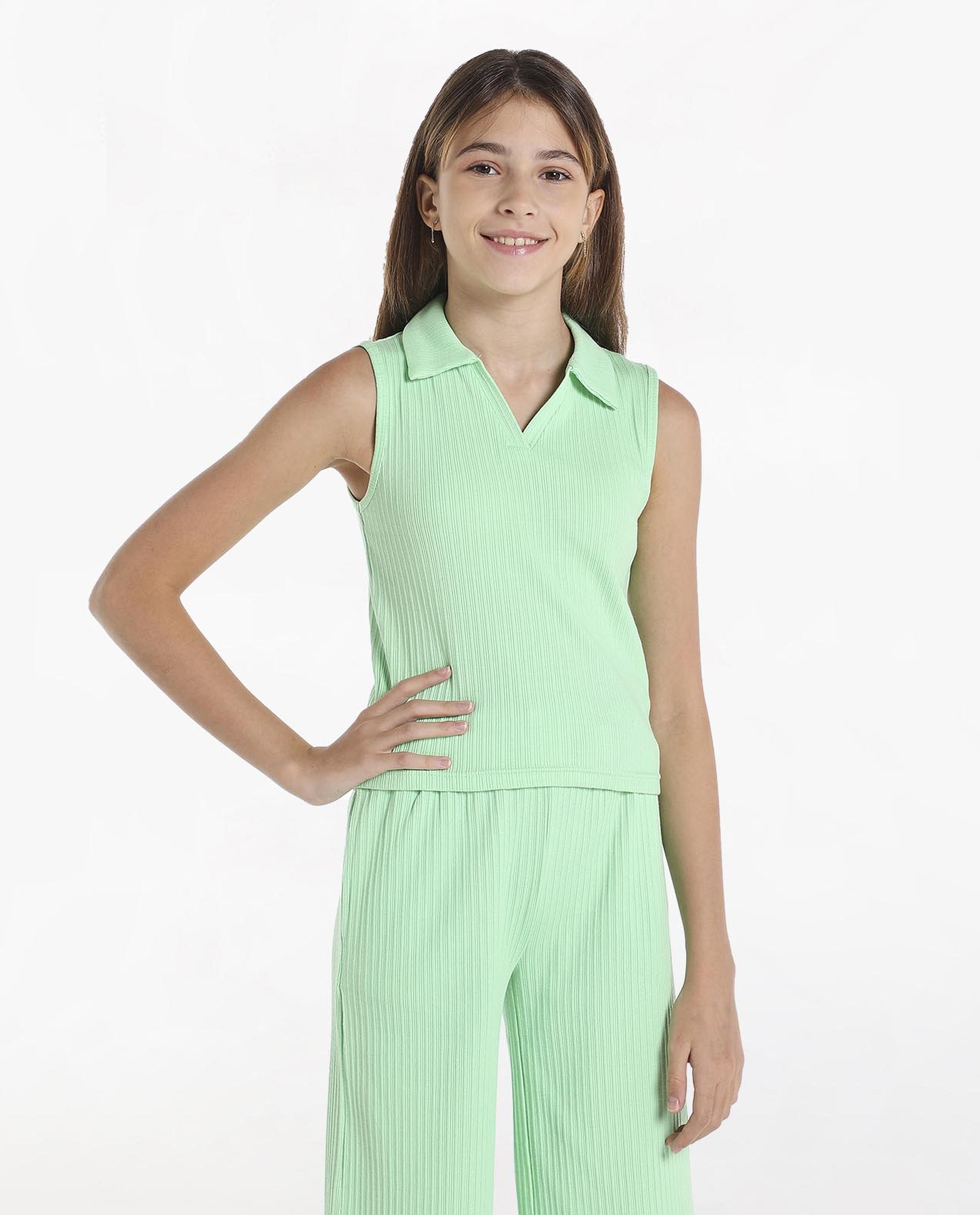 Solid Ribbed Vest with Polo Neck
