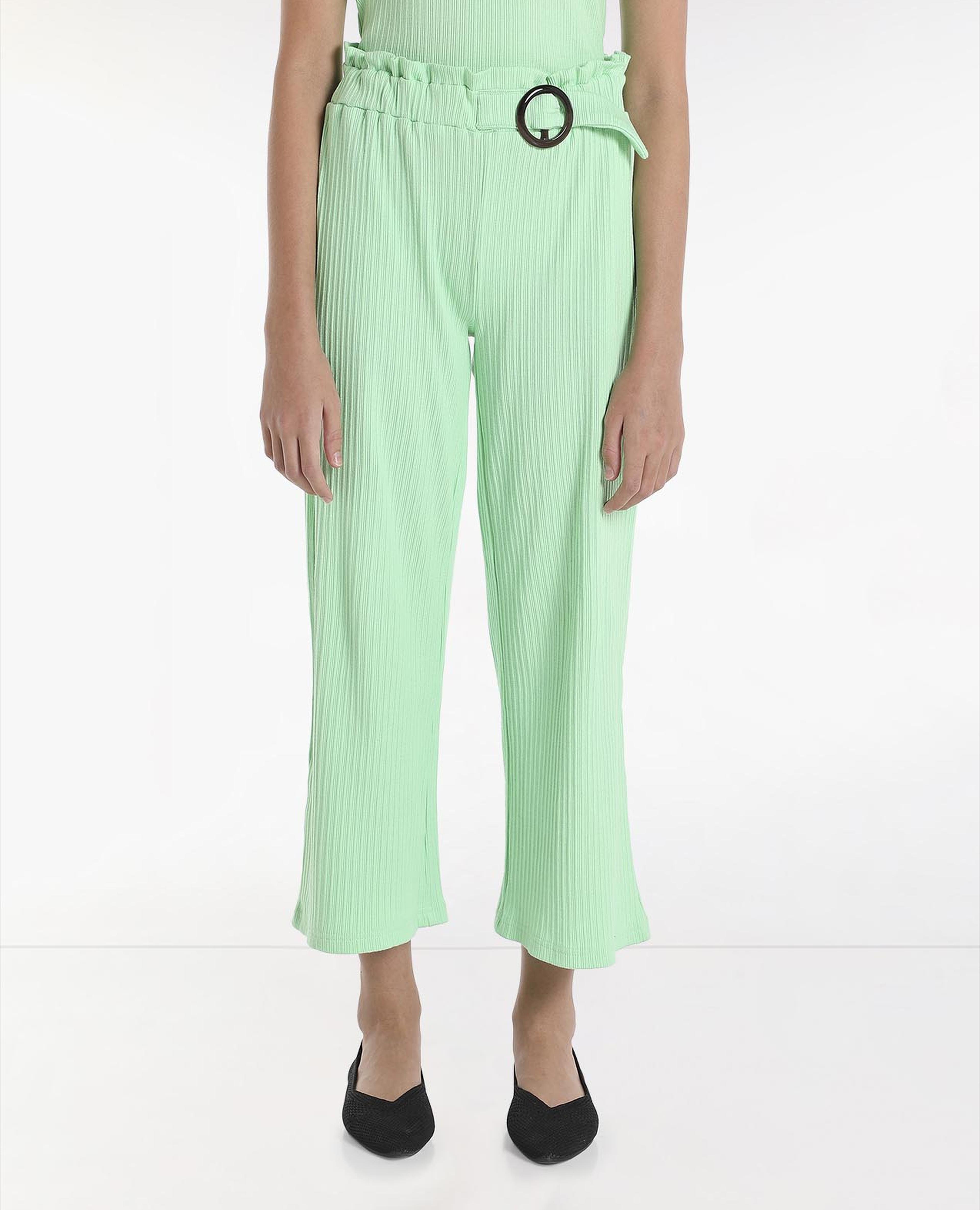 Solid Ribbed Wide Leg Pants with Belt