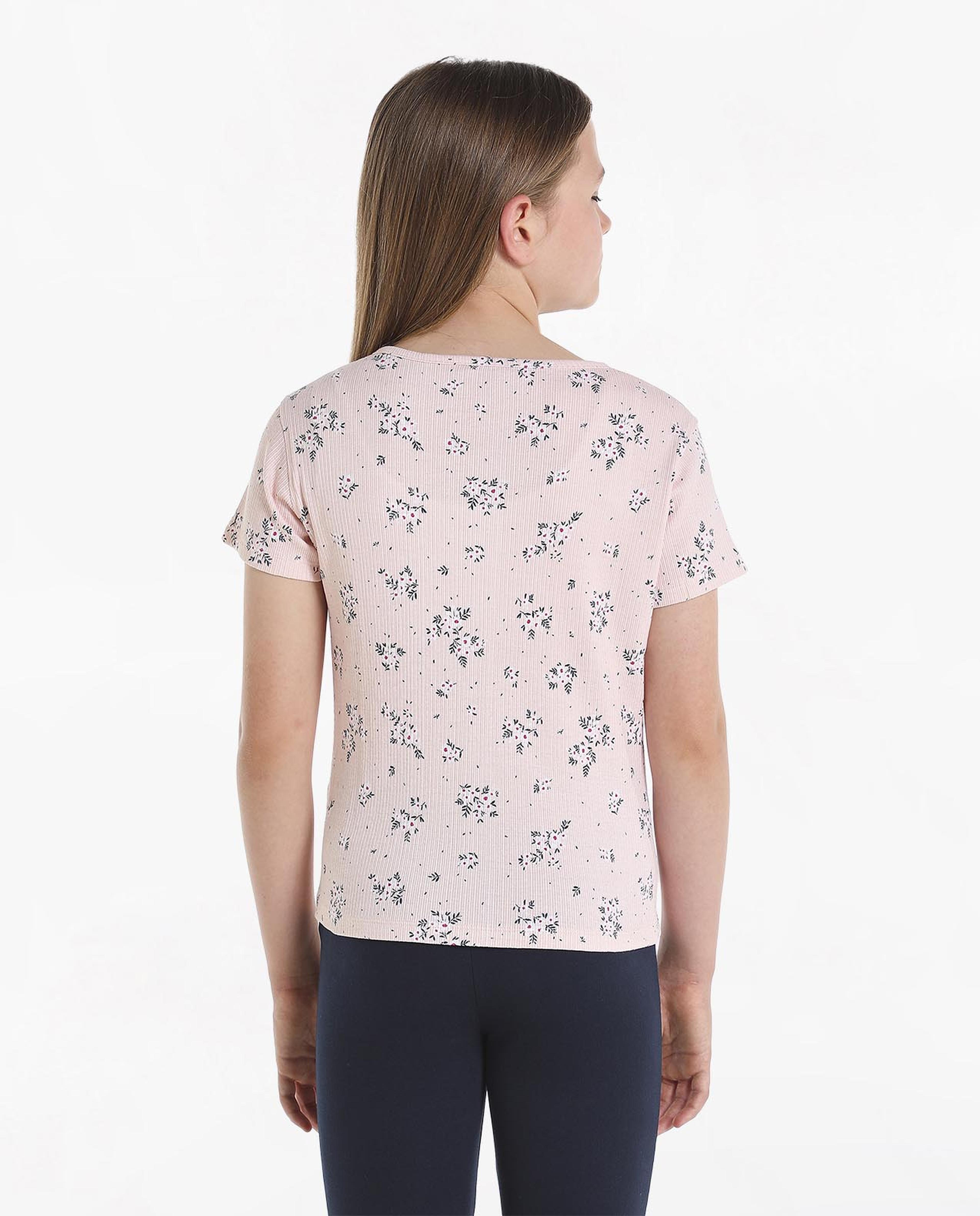 Printed Tie Knot Top with Round Neck and Short Sleeve