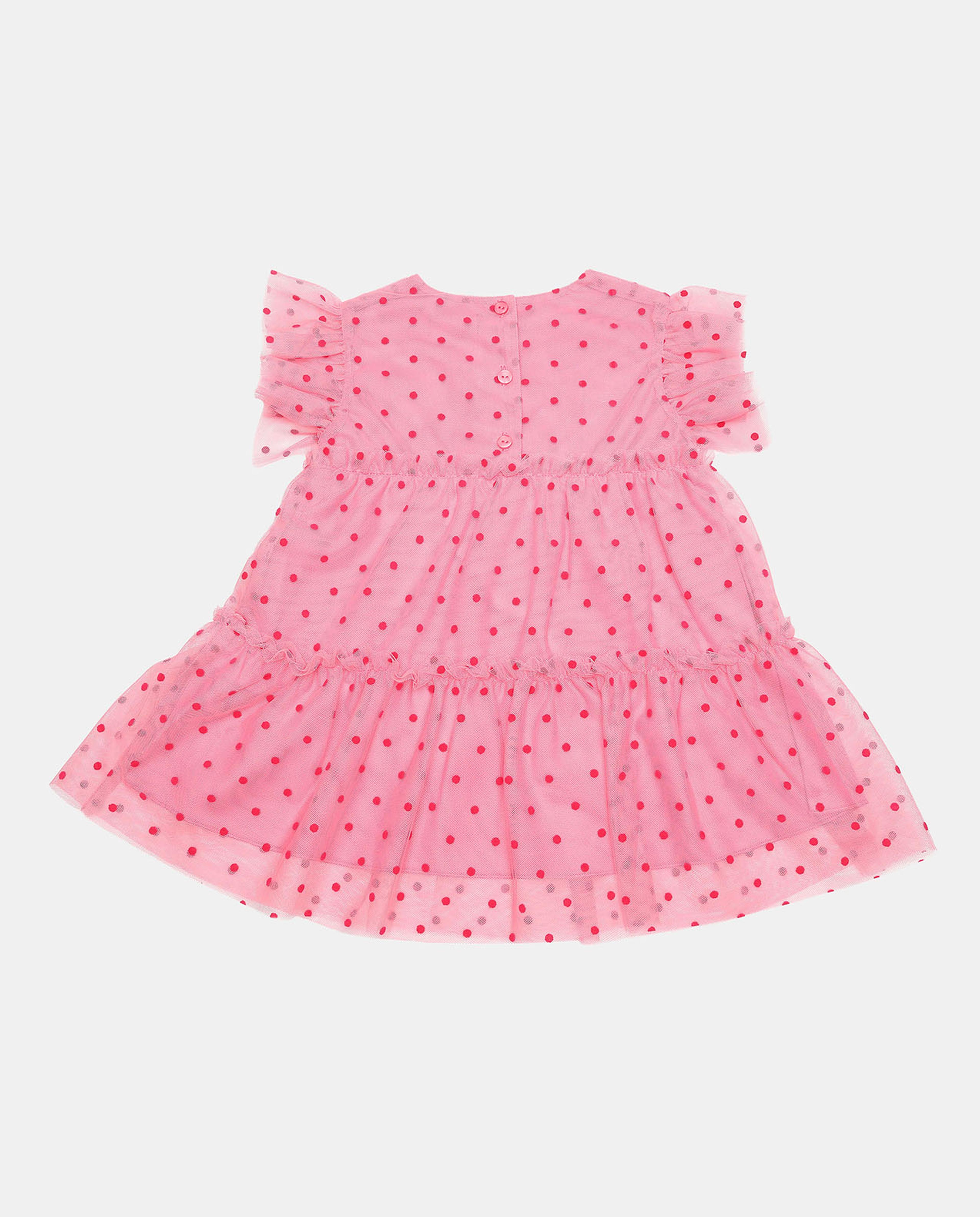 Polka Dots Tulle Tiered Dress with Crew Neck and Frilled Sleeves