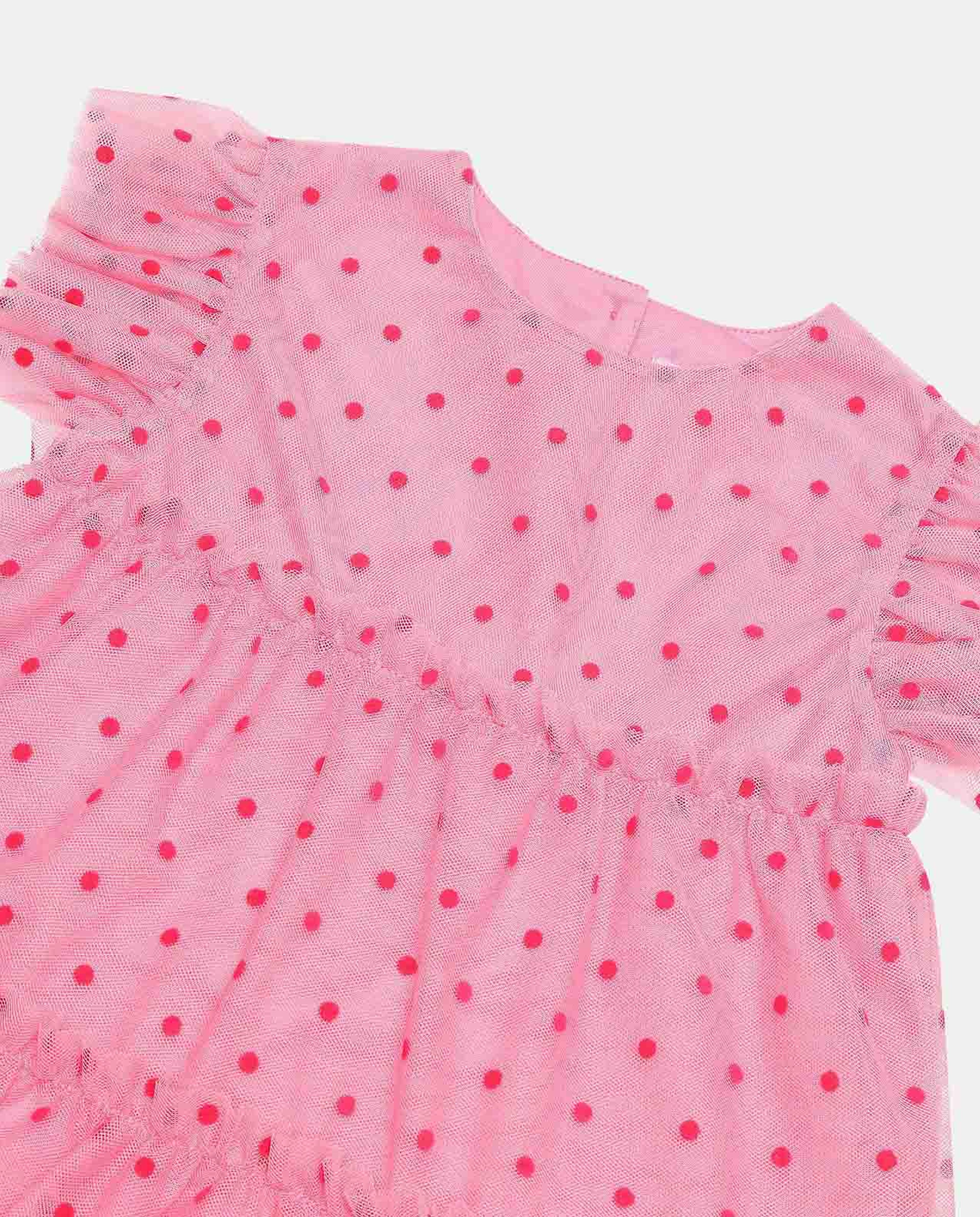 Polka Dots Tulle Tiered Dress with Crew Neck and Frilled Sleeves